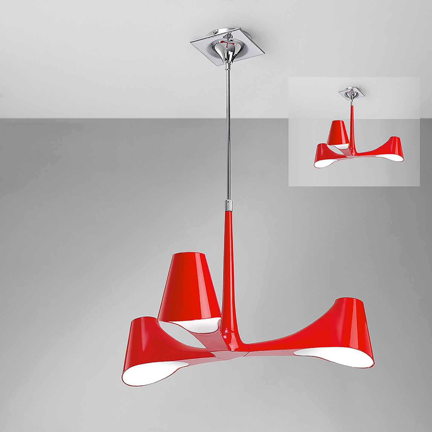 Ora Telescopic Convertible To Semi Flush 3 Light E27, Gloss Red/White Acrylic/Polished Chrome, CFL Lamps INCLUDED by Mantra