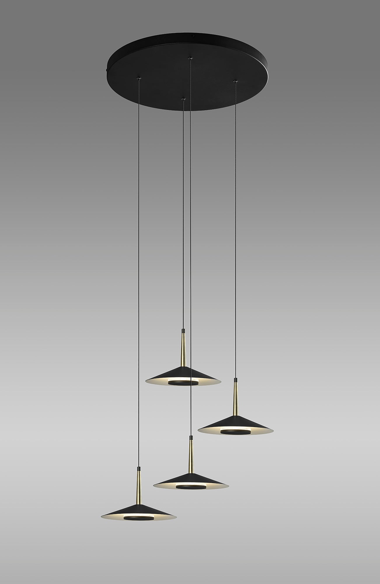 Orion 4 Light Round Pendant, 32W LED, 3000K, 2360lm, Black/Antique Brass, 3yrs Warranty by Mantra