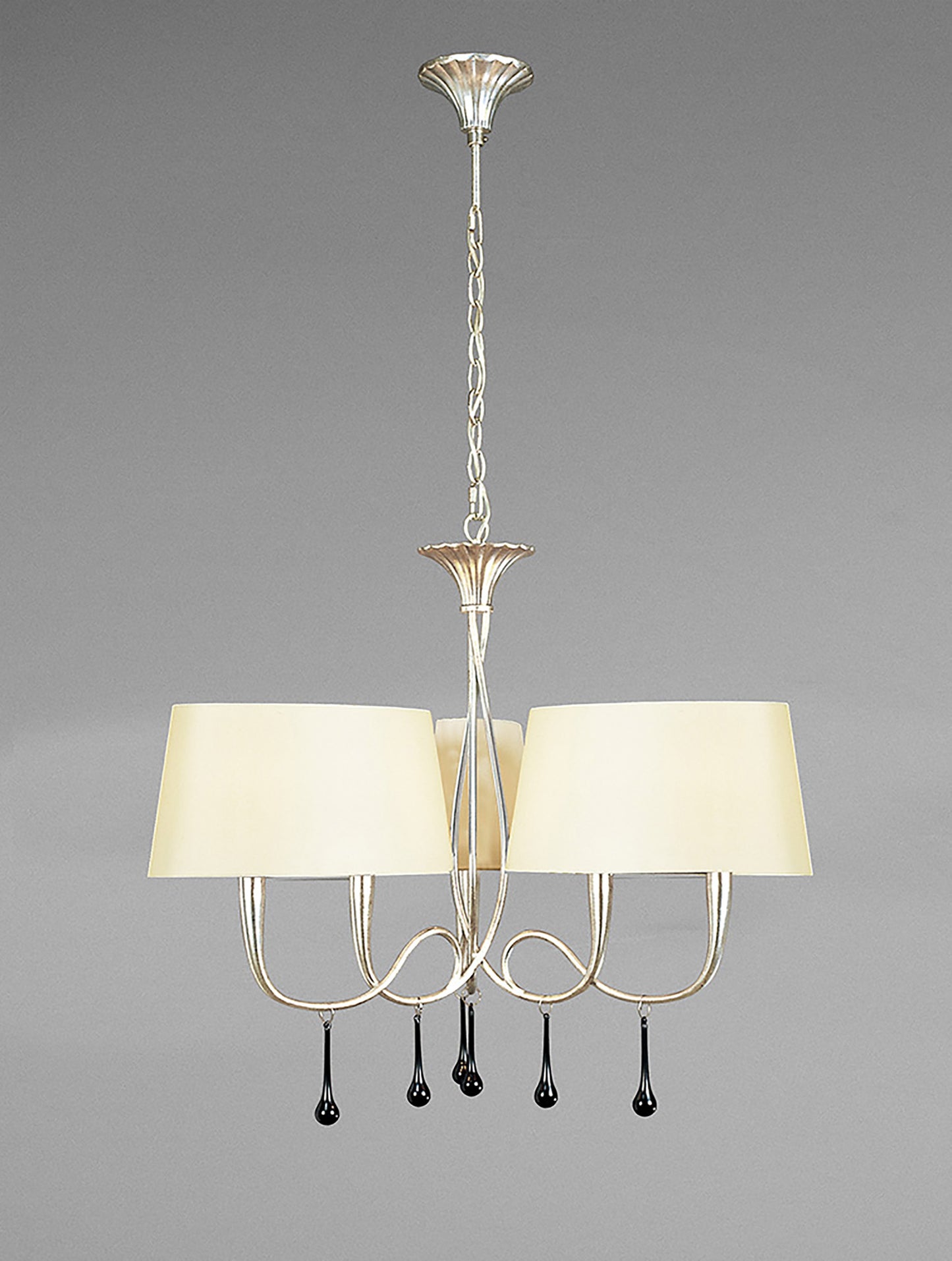 Paola Pendant 3 Arm 6 Light E14, Silver Painted With Cream Shades & Black Glass Droplets by Mantra