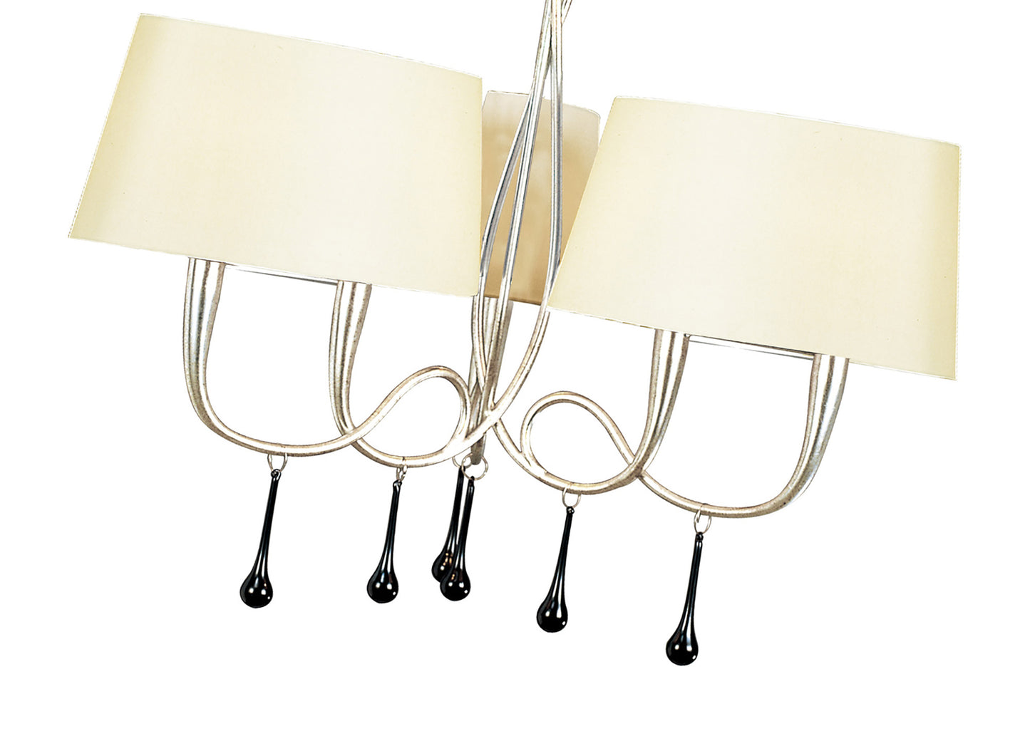 Paola Pendant 3 Arm 6 Light E14, Silver Painted With Cream Shades & Black Glass Droplets by Mantra