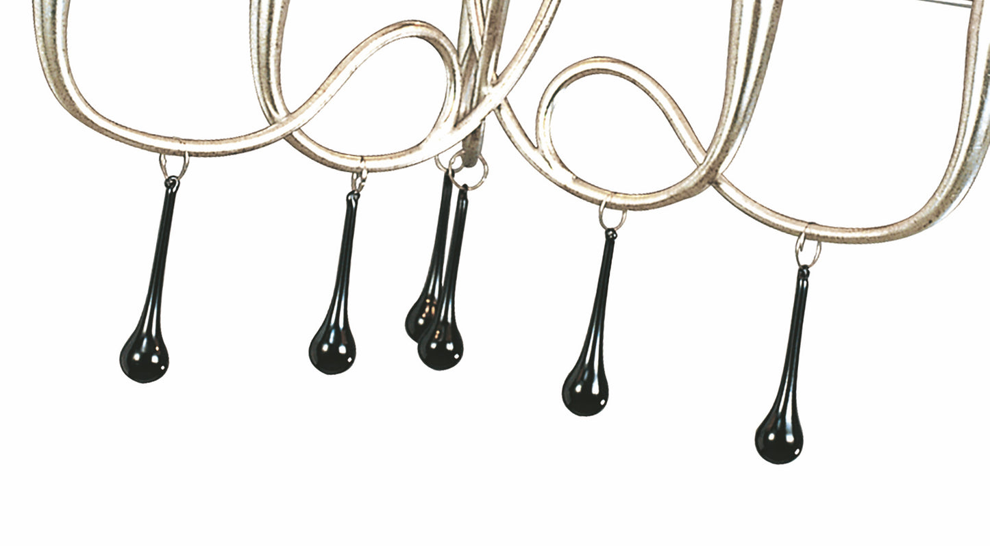 Paola Pendant 3 Arm 6 Light E14, Silver Painted With Cream Shades & Black Glass Droplets by Mantra