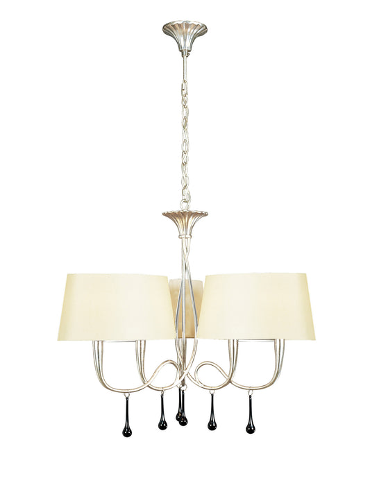 Paola Pendant 3 Arm 6 Light E14, Silver Painted With Cream Shades & Black Glass Droplets by Mantra