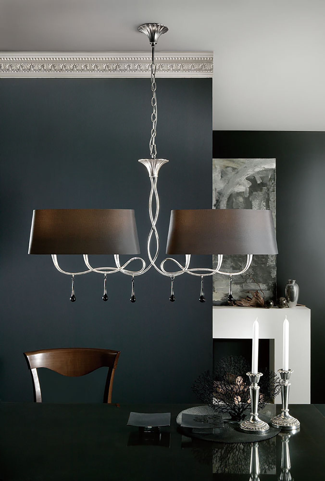 Paola Linear Pendant 2 Arm 6 Light E14, Silver Painted With Black Shades & Black Glass Droplets by Mantra