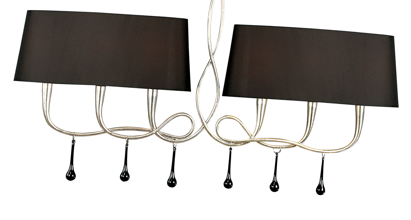 Paola Linear Pendant 2 Arm 6 Light E14, Silver Painted With Black Shades & Black Glass Droplets by Mantra