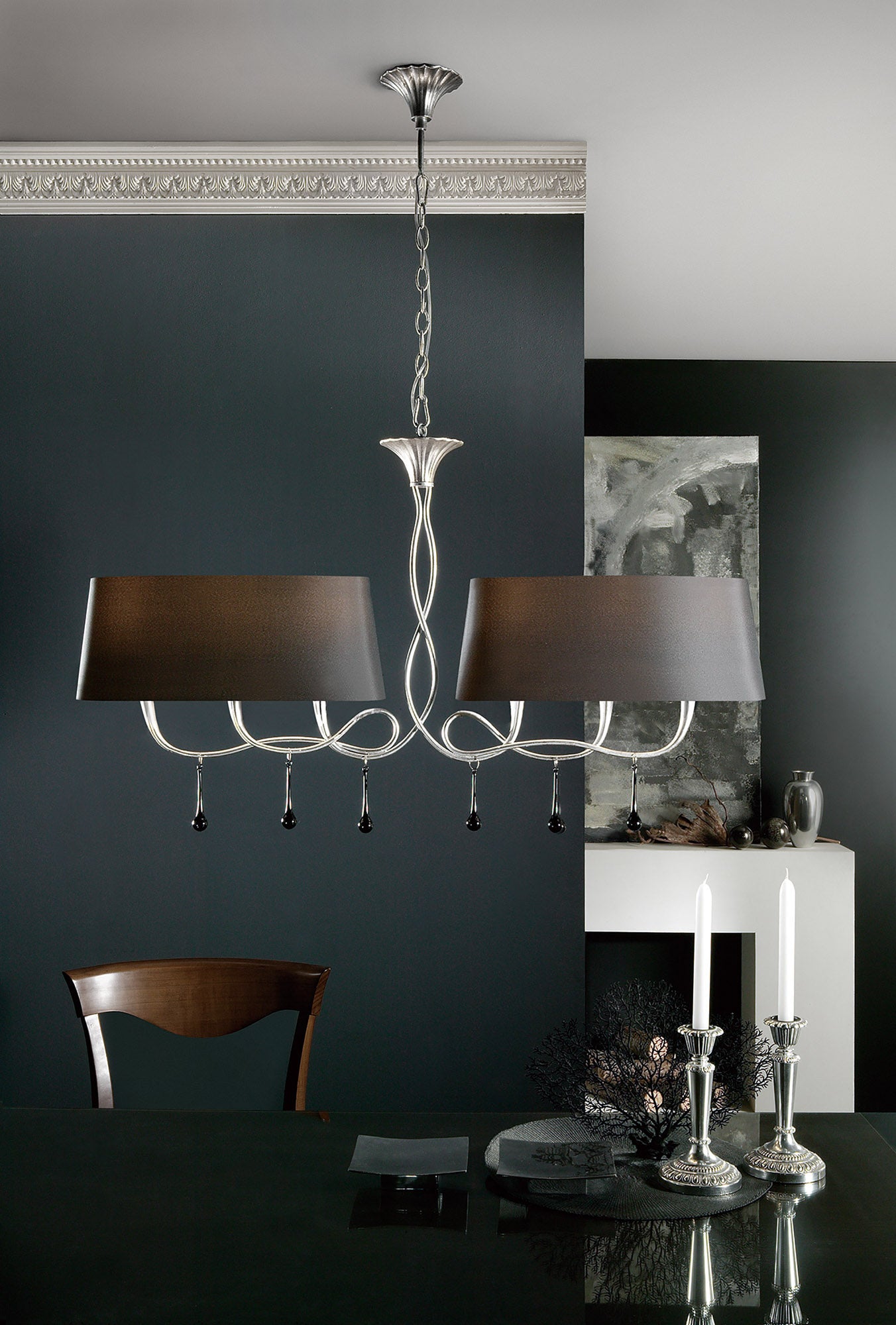 Paola Linear Pendant 2 Arm 6 Light E14, Silver Painted With Black Shades & Black Glass Droplets by Mantra