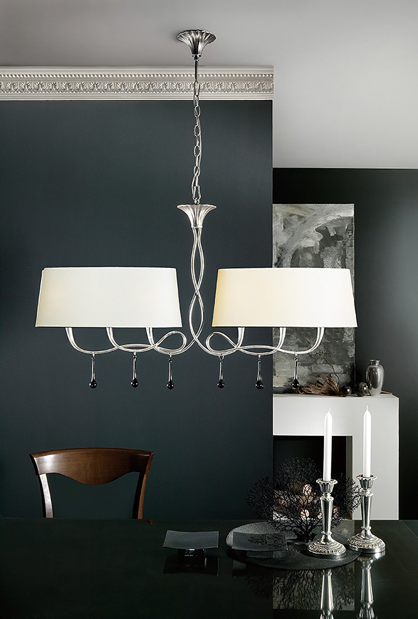 Paola Linear Pendant 2 Arm 6 Light E14, Silver Painted With Cream Shades & Black Glass Droplets by Mantra