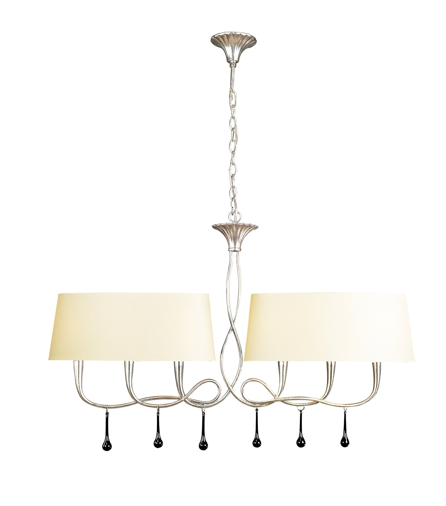 Paola Linear Pendant 2 Arm 6 Light E14, Silver Painted With Cream Shades & Black Glass Droplets by Mantra