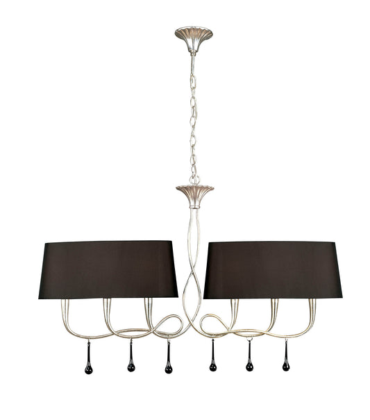 Paola Linear Pendant 2 Arm 6 Light E14, Silver Painted With Black Shades & Black Glass Droplets by Mantra