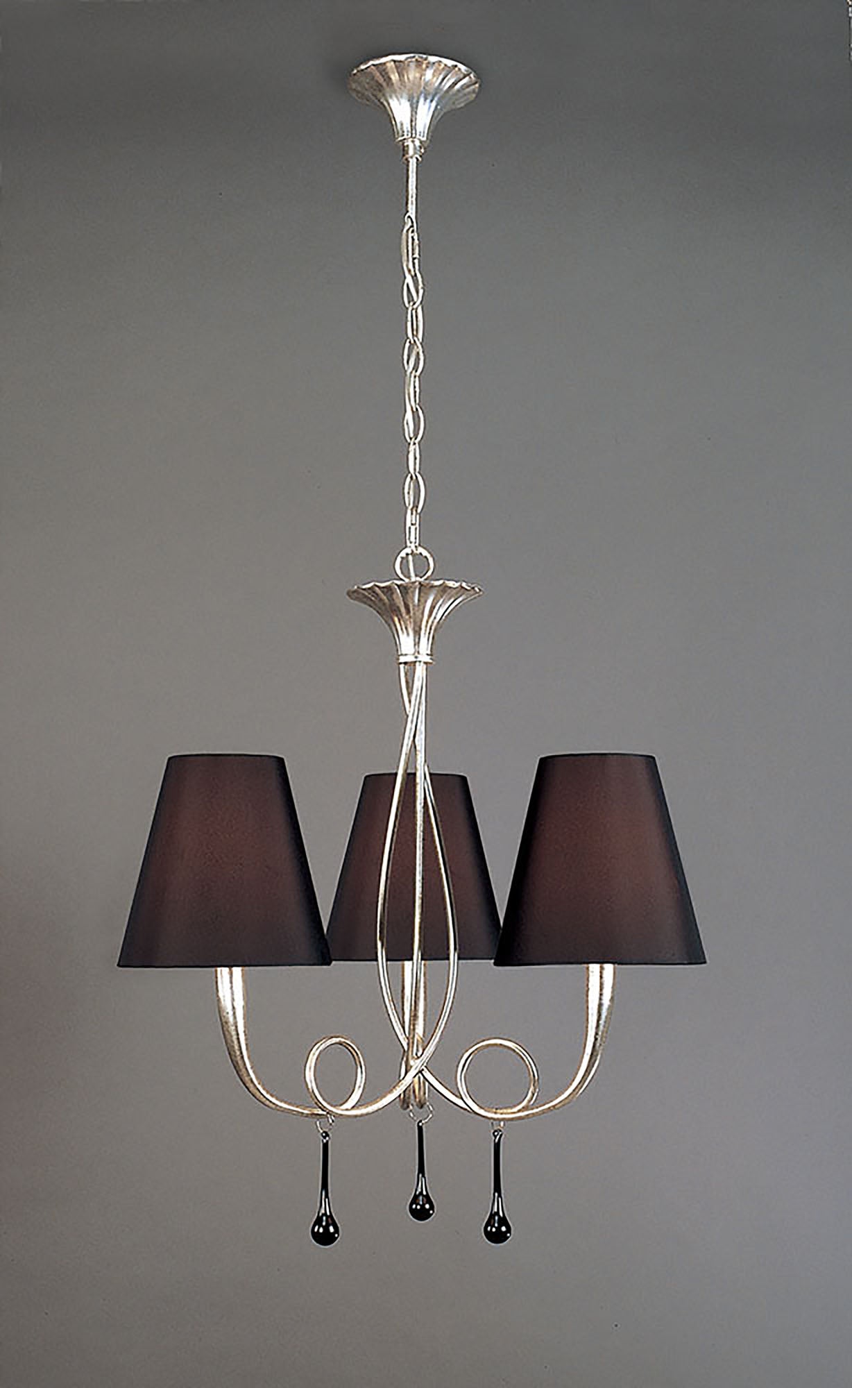 Paola Pendant 3 Light E14, Silver Painted With Black Shades & Black Glass Droplets by Mantra