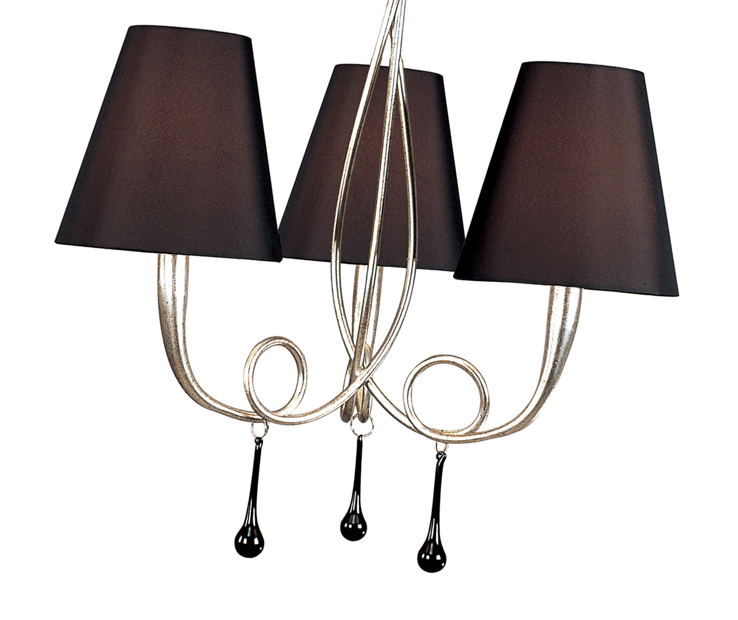 Paola Pendant 3 Light E14, Silver Painted With Black Shades & Black Glass Droplets by Mantra