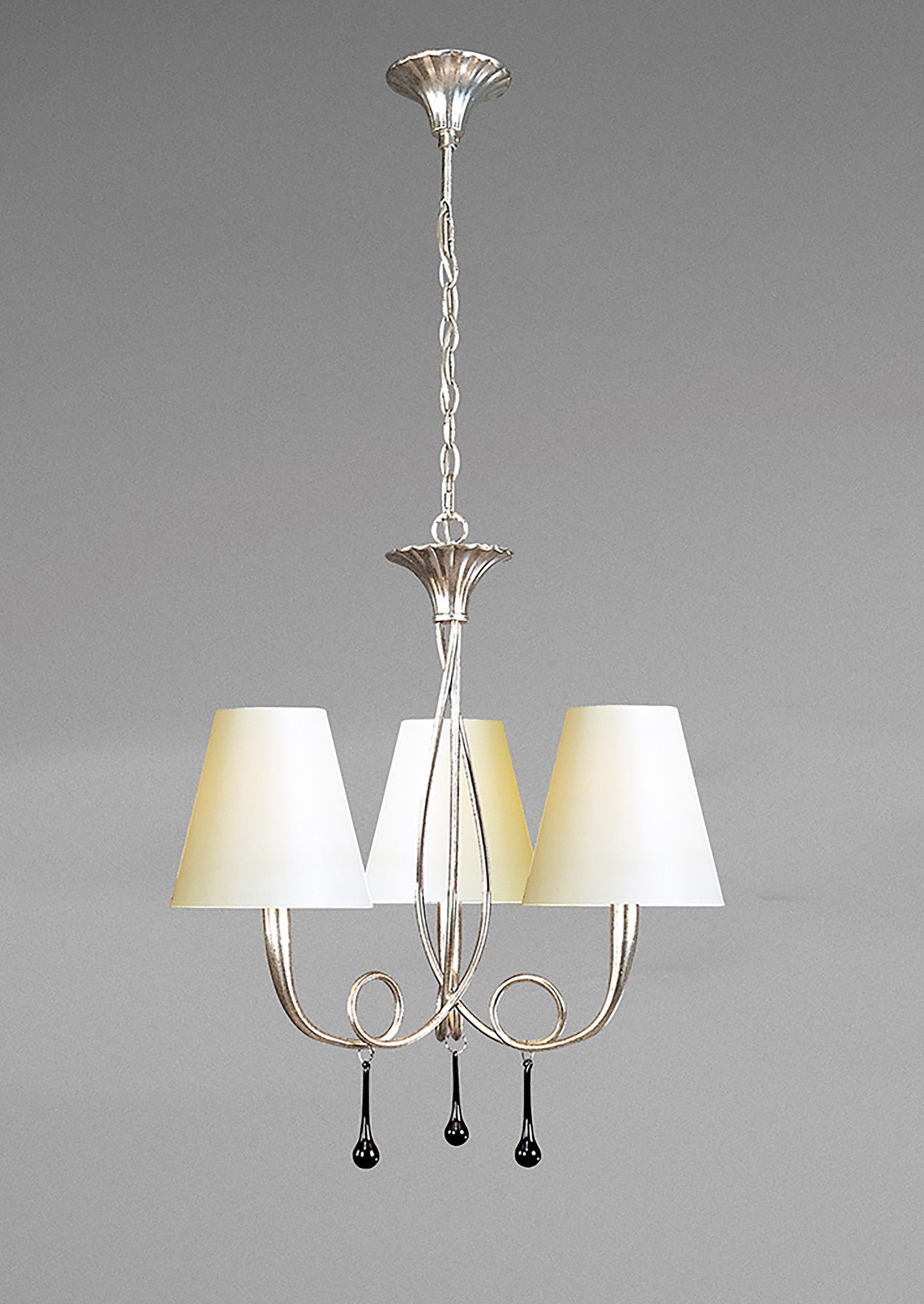 Paola Pendant 3 Light E14, Silver Painted With Cream Shades & Black Glass Droplets by Mantra