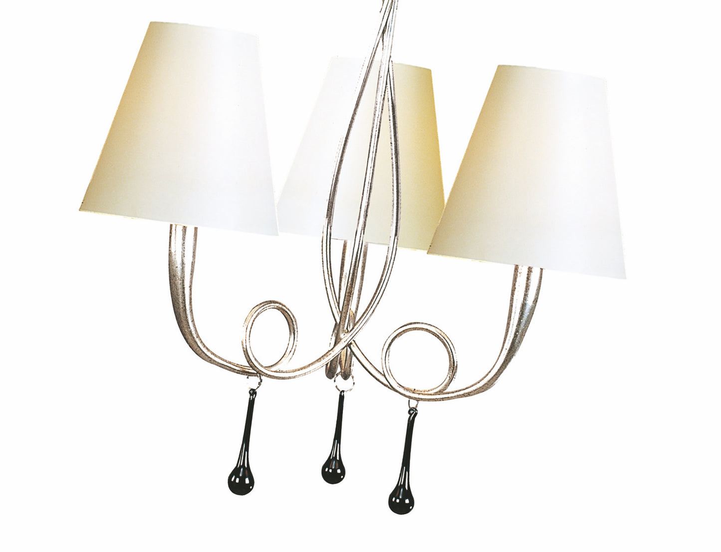 Paola Pendant 3 Light E14, Silver Painted With Cream Shades & Black Glass Droplets by Mantra