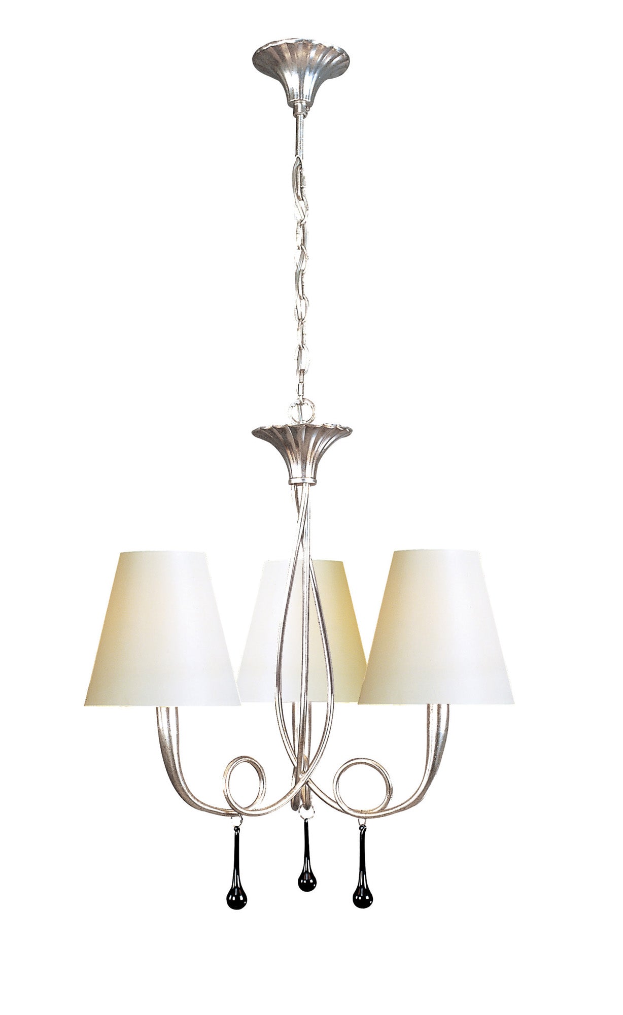 Paola Pendant 3 Light E14, Silver Painted With Cream Shades & Black Glass Droplets by Mantra