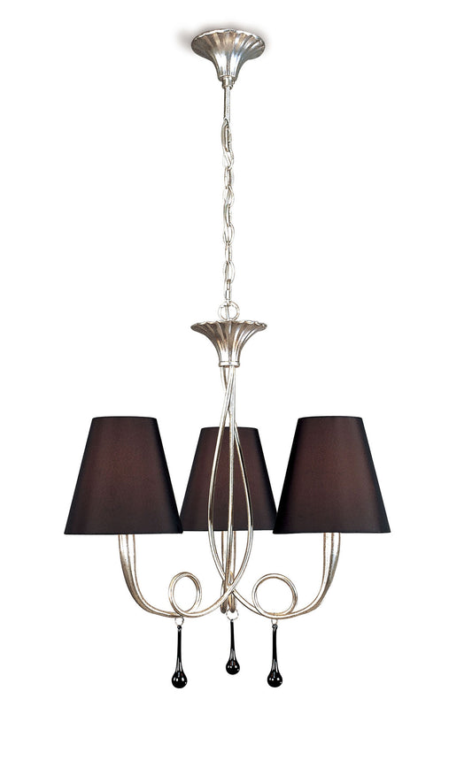 Paola Pendant 3 Light E14, Silver Painted With Black Shades & Black Glass Droplets by Mantra