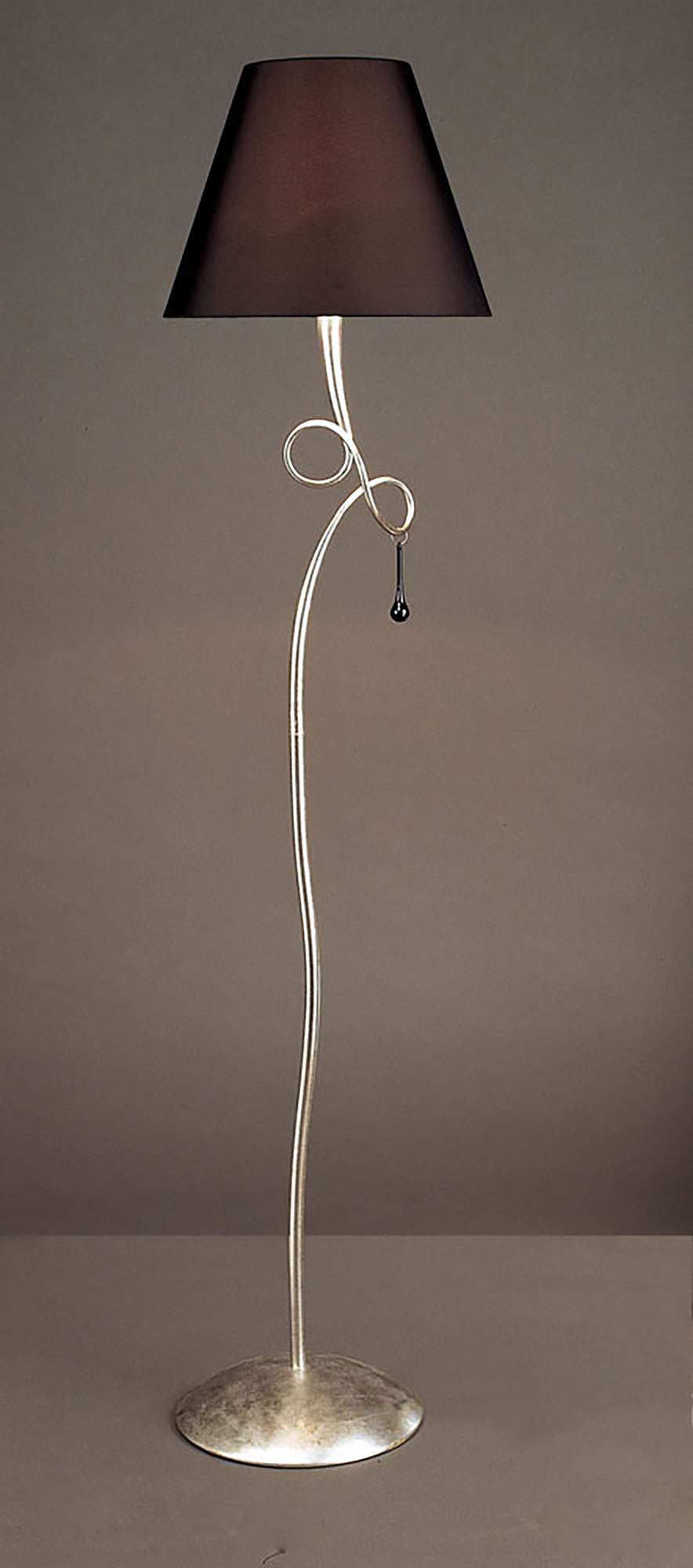 Paola Floor Lamp 1 Light E27, Silver Painted With Black Shade & Black Glass Droplets by Mantra