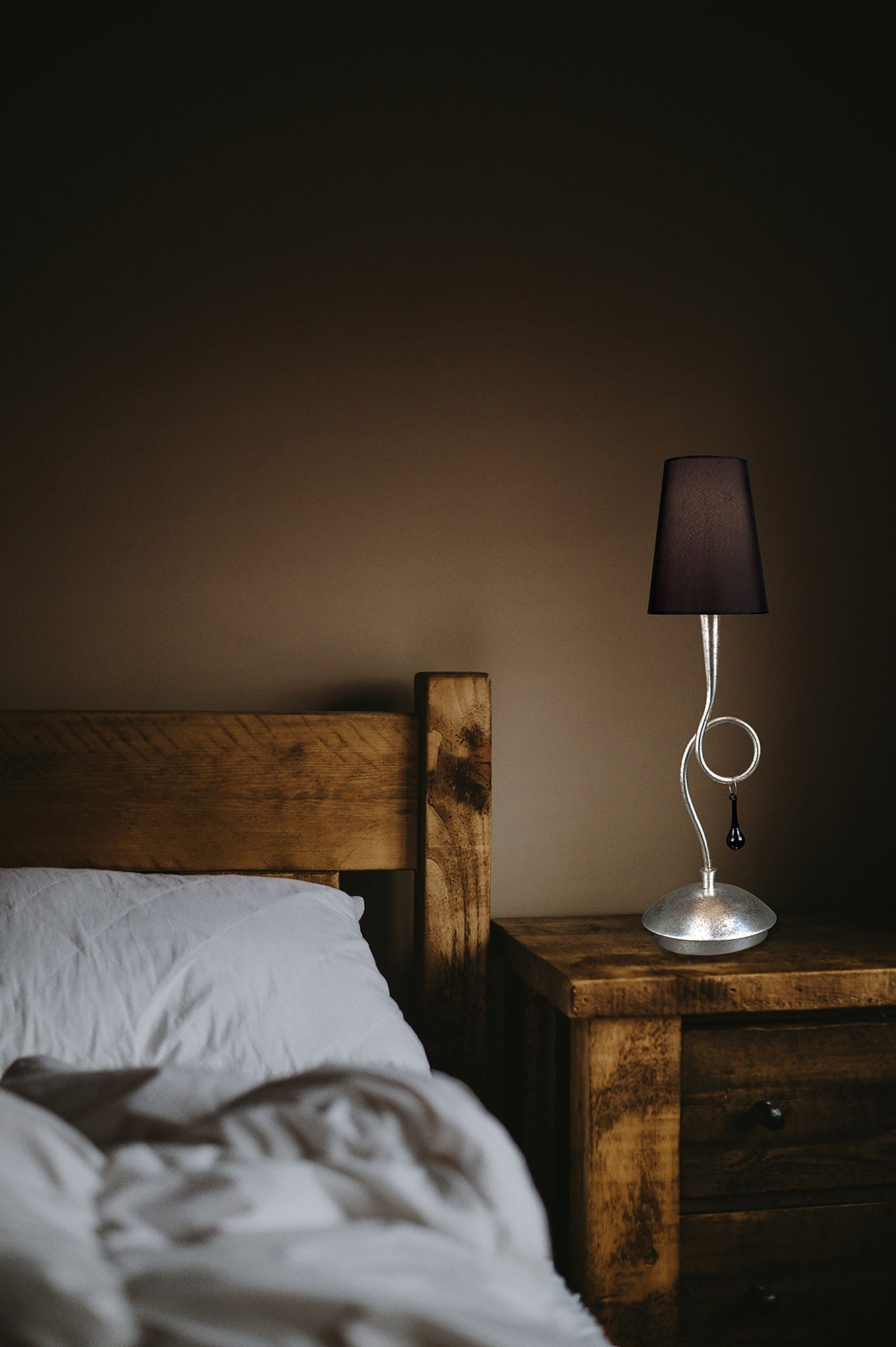 Paola Table Lamp 1 Light E14, Silver Painted With Black Shade & Black Glass Droplets by Mantra