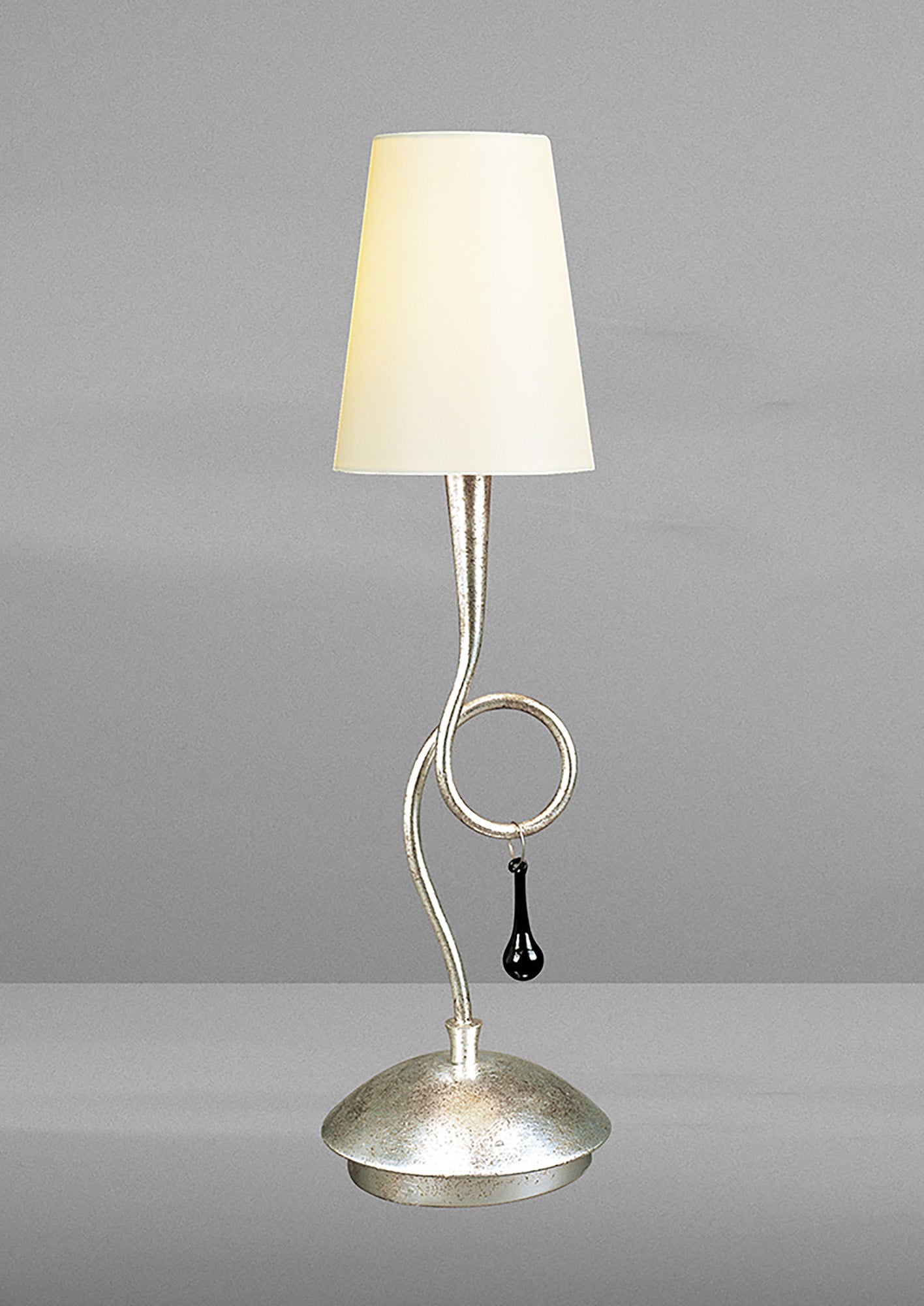 Paola Table Lamp 1 Light E14, Silver Painted With Cream Shade & Black Glass Droplets by Mantra