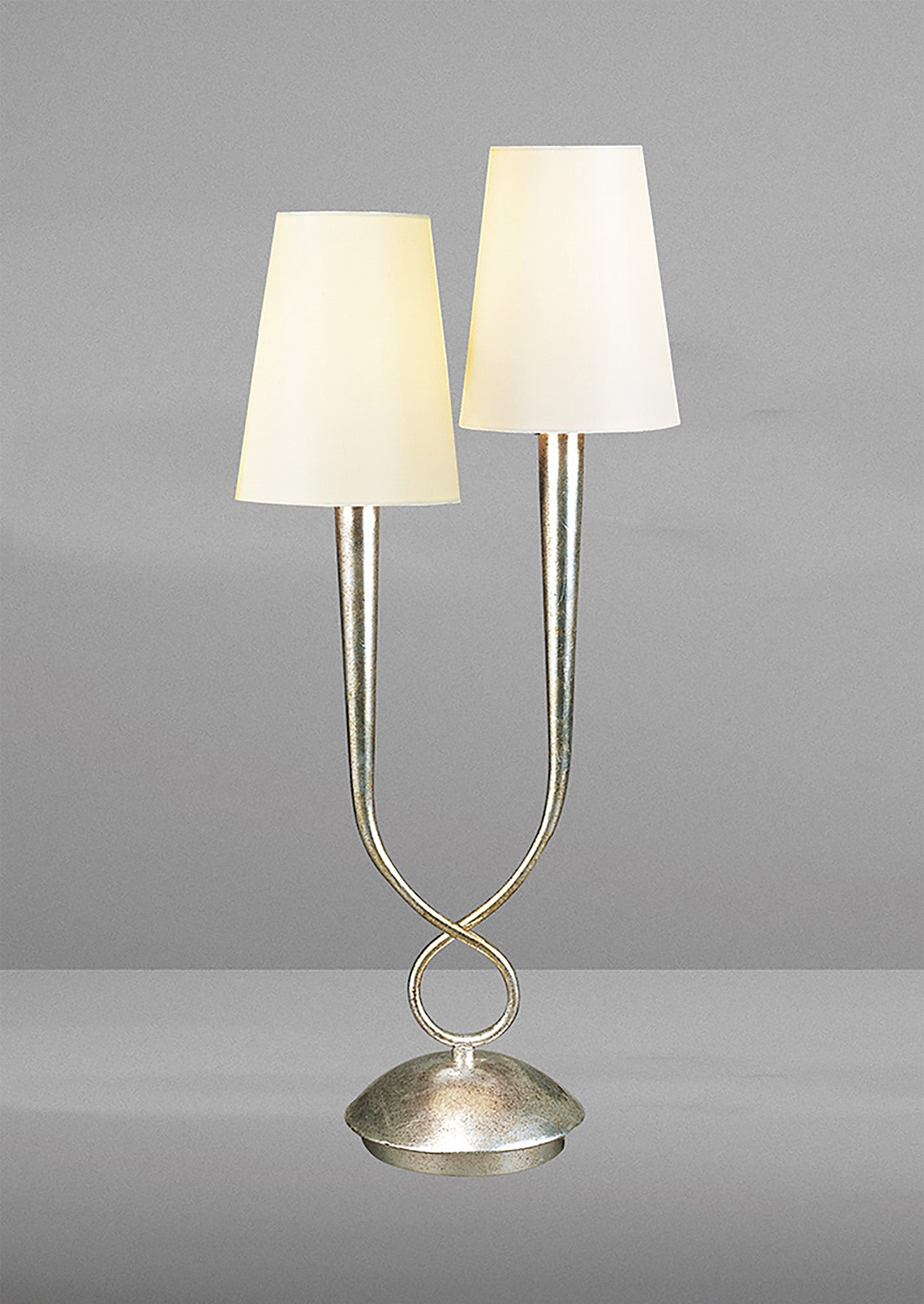 Paola Table Lamp 2 Light E14, Silver Painted With Cream Shades by Mantra