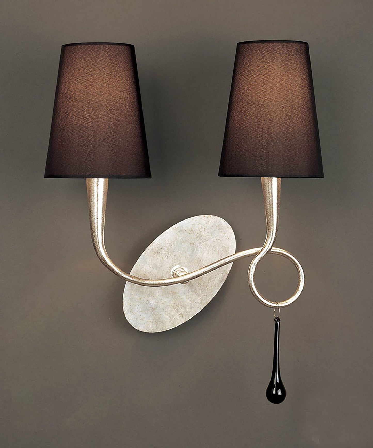 Paola Wall Lamp 2 Light E14, Silver Painted With Black Shades & Black Glass Droplets by Mantra