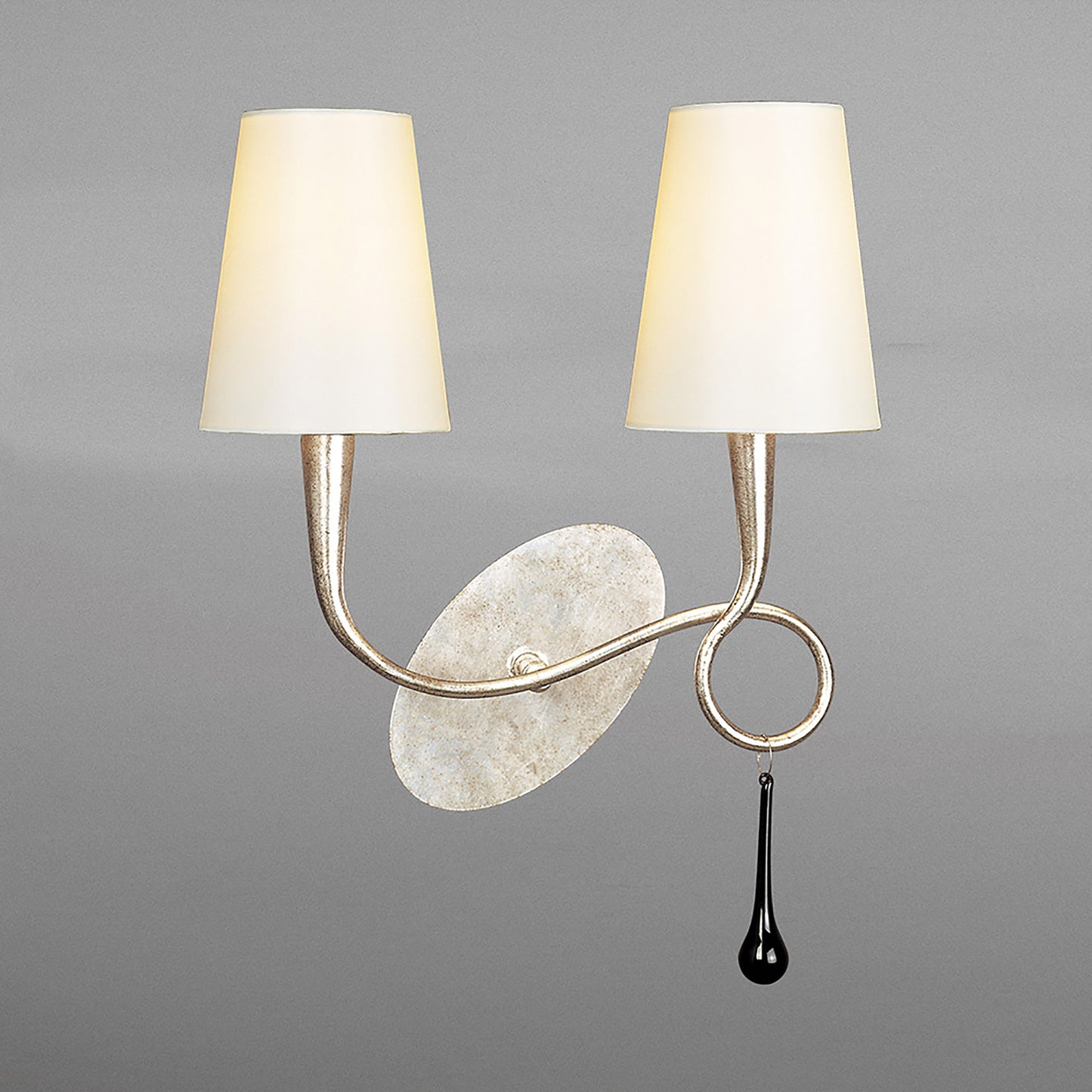 Paola Wall Lamp 2 Light E14, Silver Painted With Cream Shades & Black Glass Droplets by Mantra