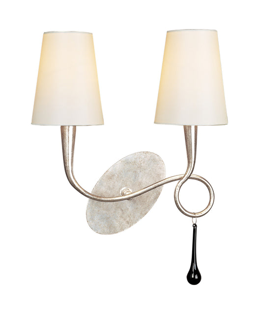 Paola Wall Lamp 2 Light E14, Silver Painted With Cream Shades & Black Glass Droplets by Mantra