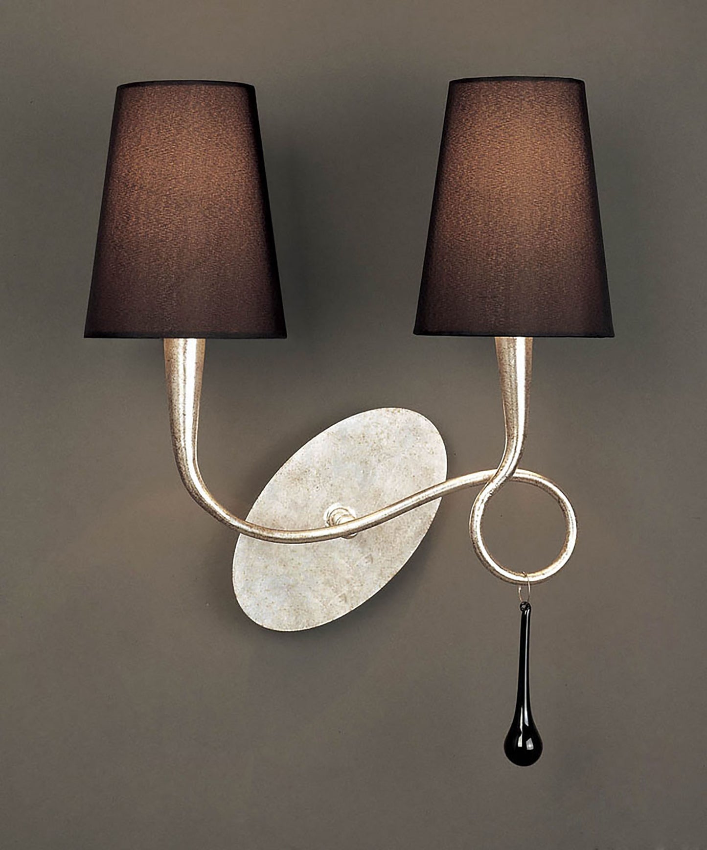 Paola Wall Lamp Switched 2 Light E14, Silver Painted With Black Shades & Black Glass Droplets by Mantra