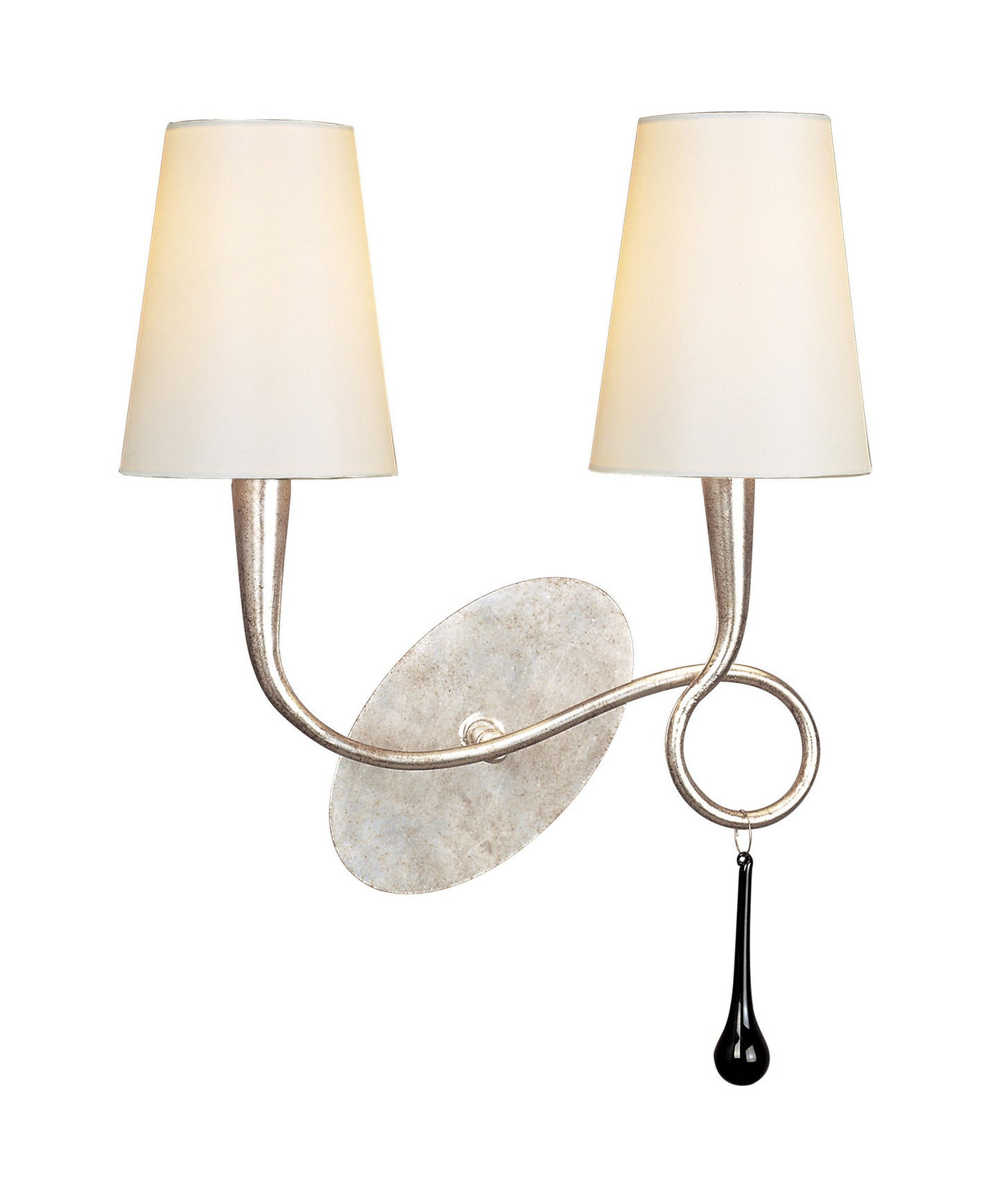 Paola Wall Lamp Switched 2 Light E14, Silver Painted With Cream Shades & Black Glass Droplets by Mantra