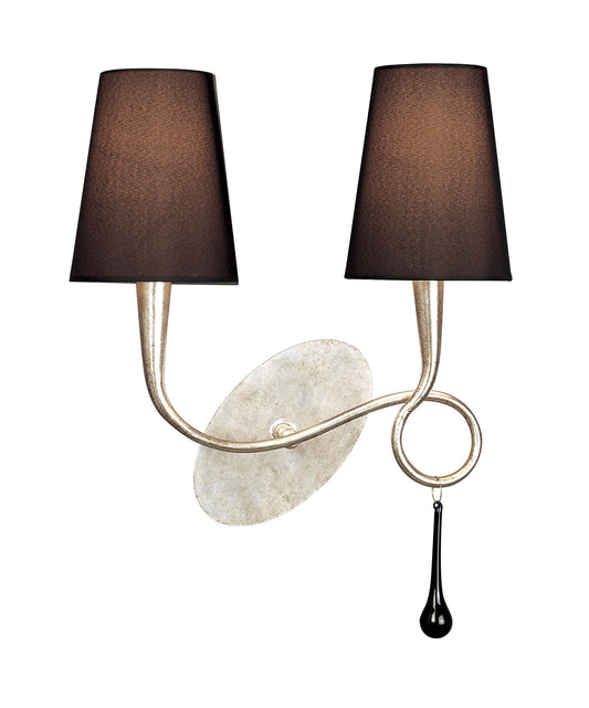 Paola Wall Lamp Switched 2 Light E14, Silver Painted With Black Shades & Black Glass Droplets by Mantra