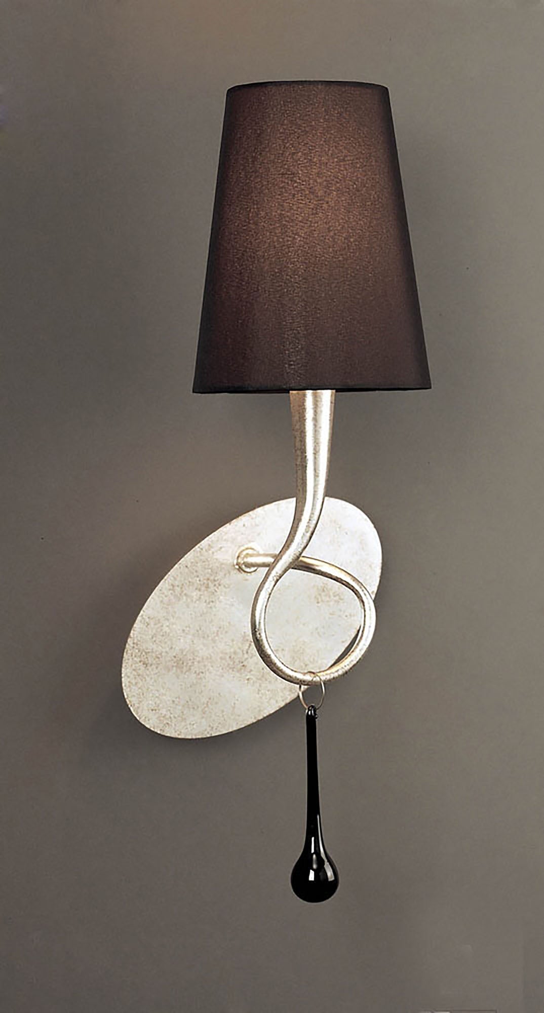 Paola Wall Lamp 1 Light E14, Silver Painted With Black Shade & Black Glass Droplets by Mantra