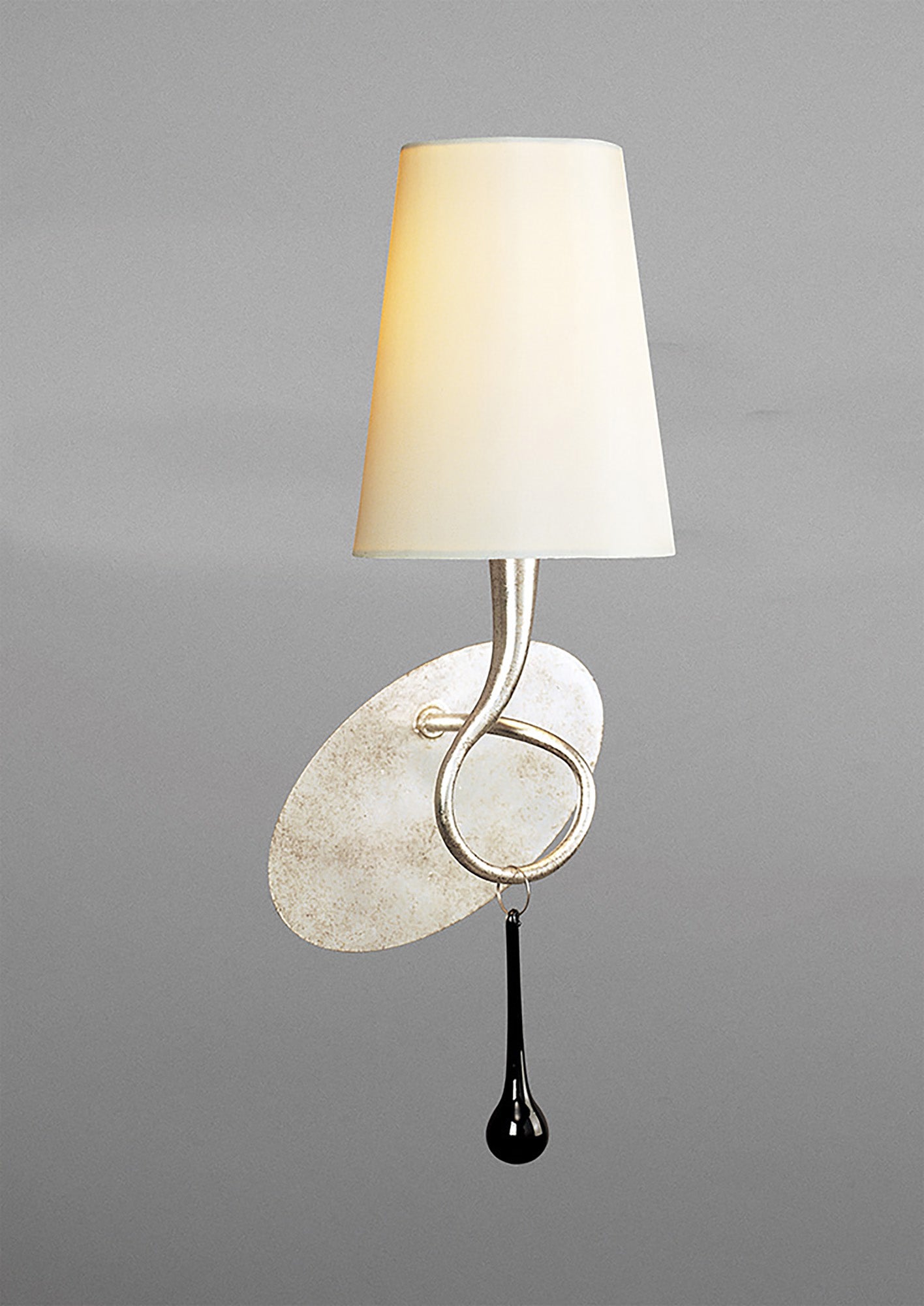 Paola Wall Lamp 1 Light E14, Silver Painted With Cream Shade & Black Glass Droplets by Mantra