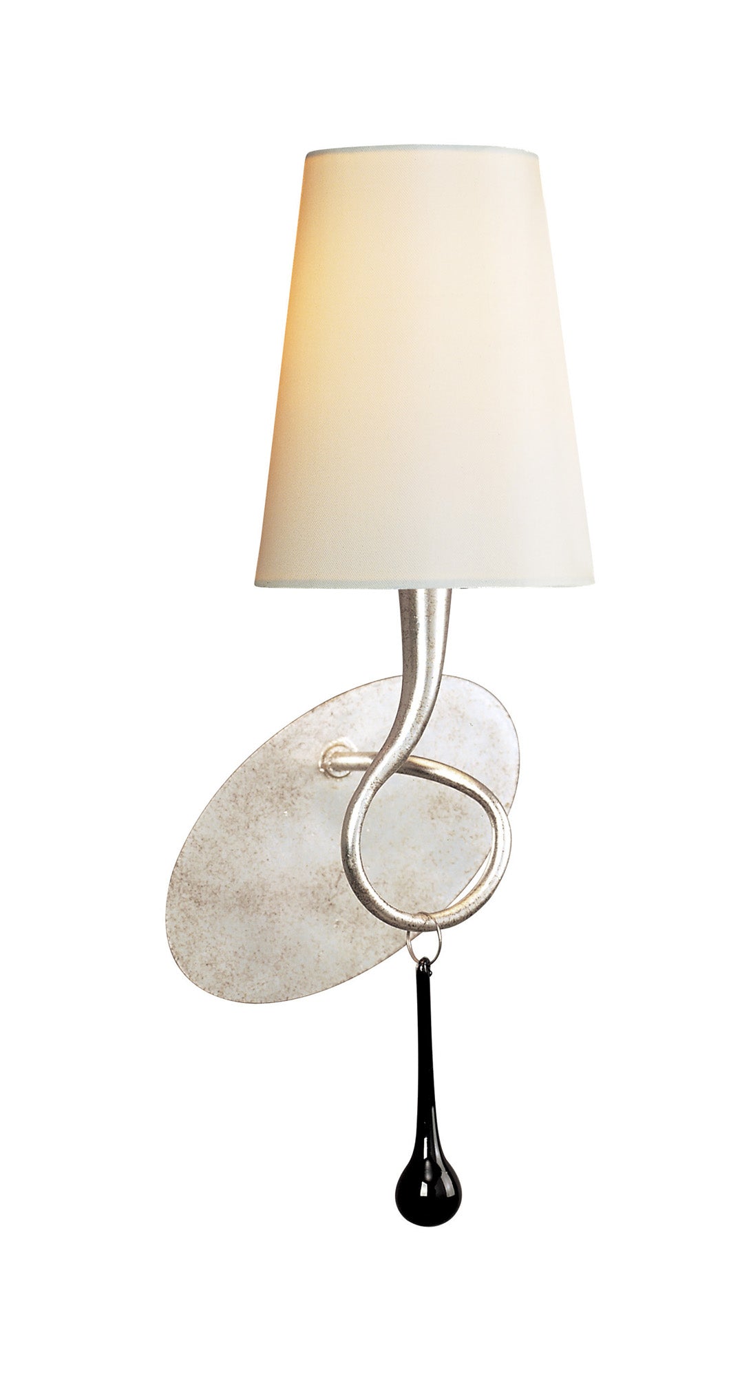 Paola Wall Lamp 1 Light E14, Silver Painted With Cream Shade & Black Glass Droplets by Mantra