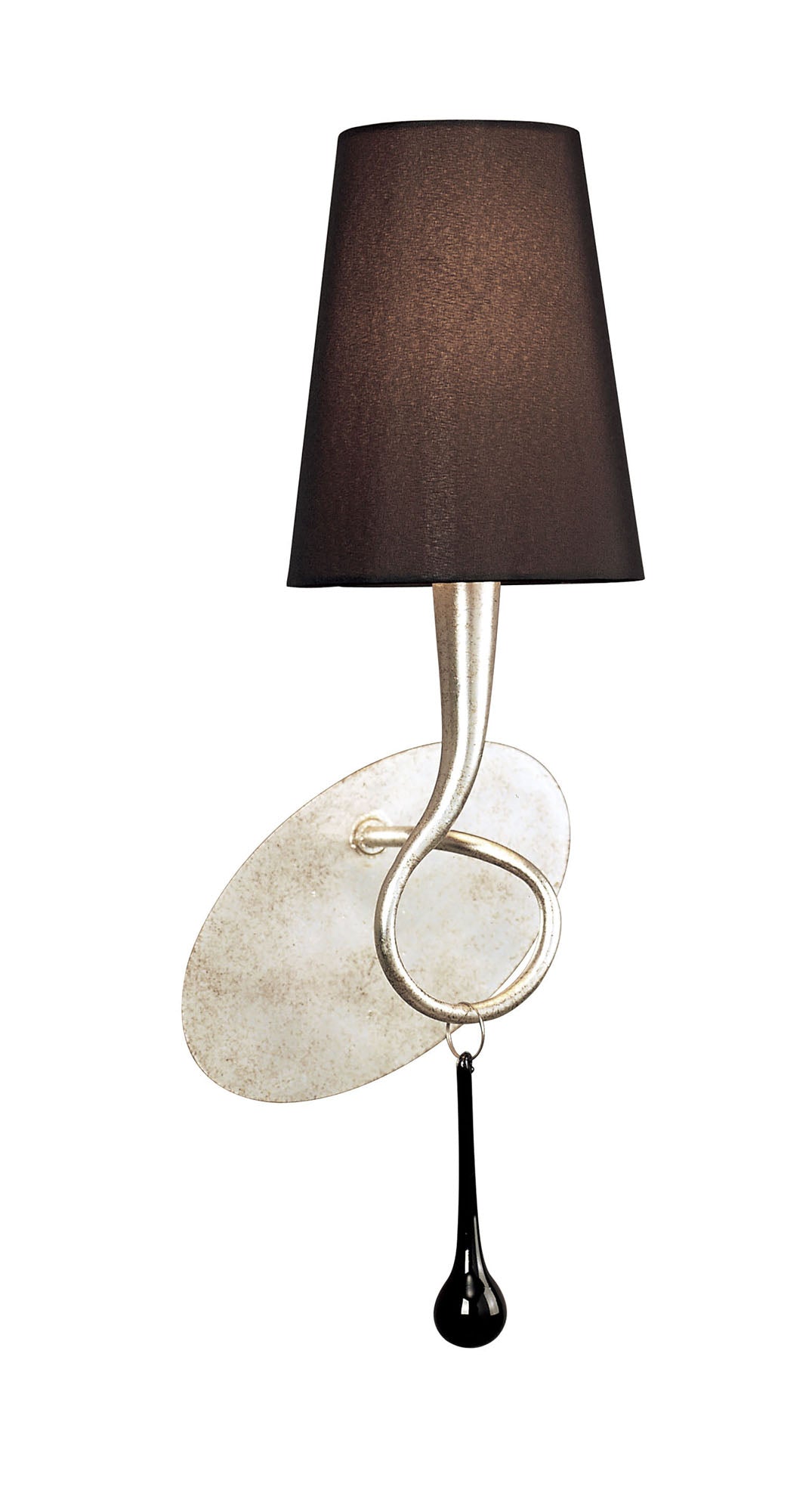 Paola Wall Lamp 1 Light E14, Silver Painted With Black Shade & Black Glass Droplets by Mantra