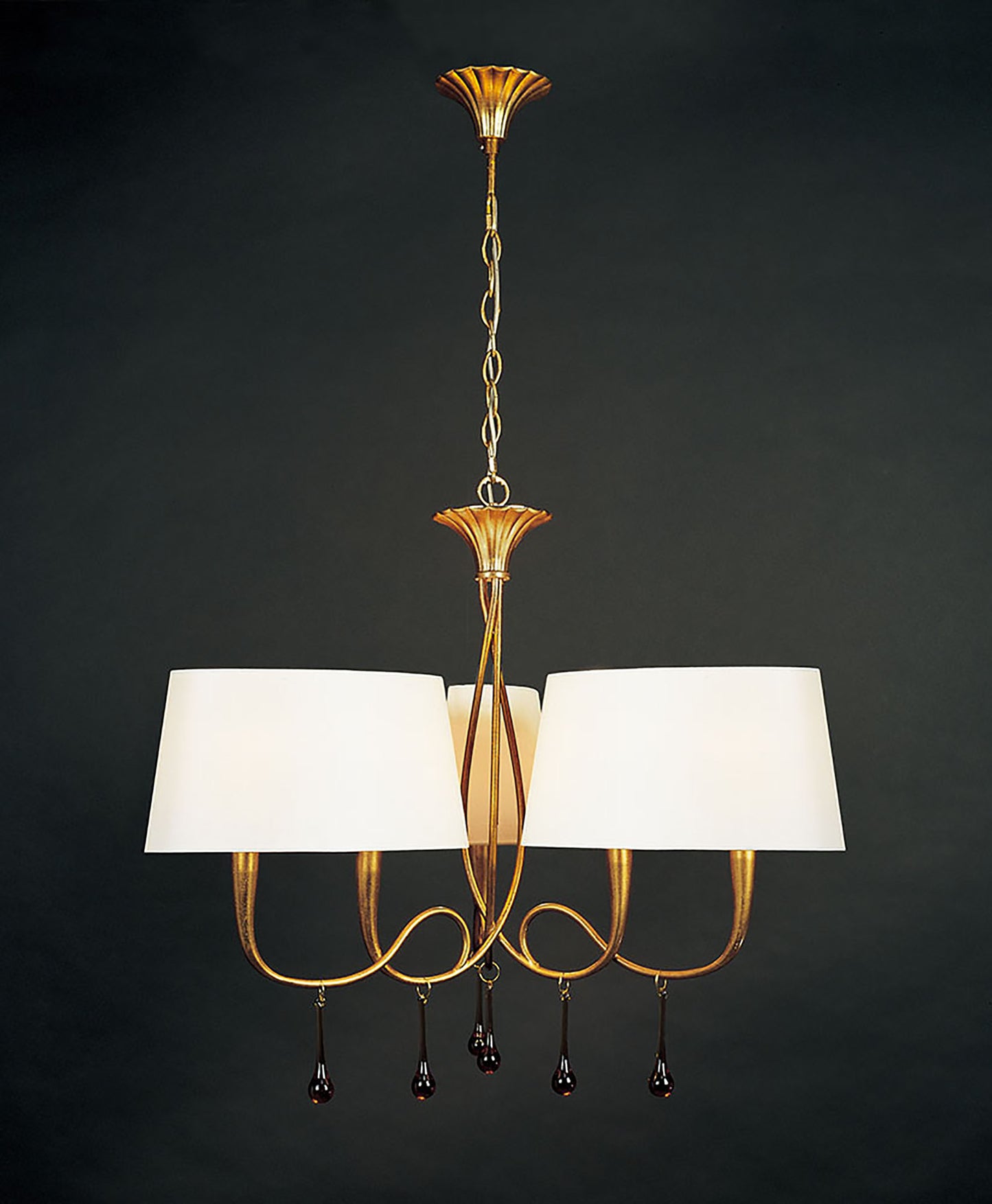 Paola Pendant 3 Arm 6 Light E14, Gold Painted With Cream Shades & Amber Glass Droplets (3540) by Mantra