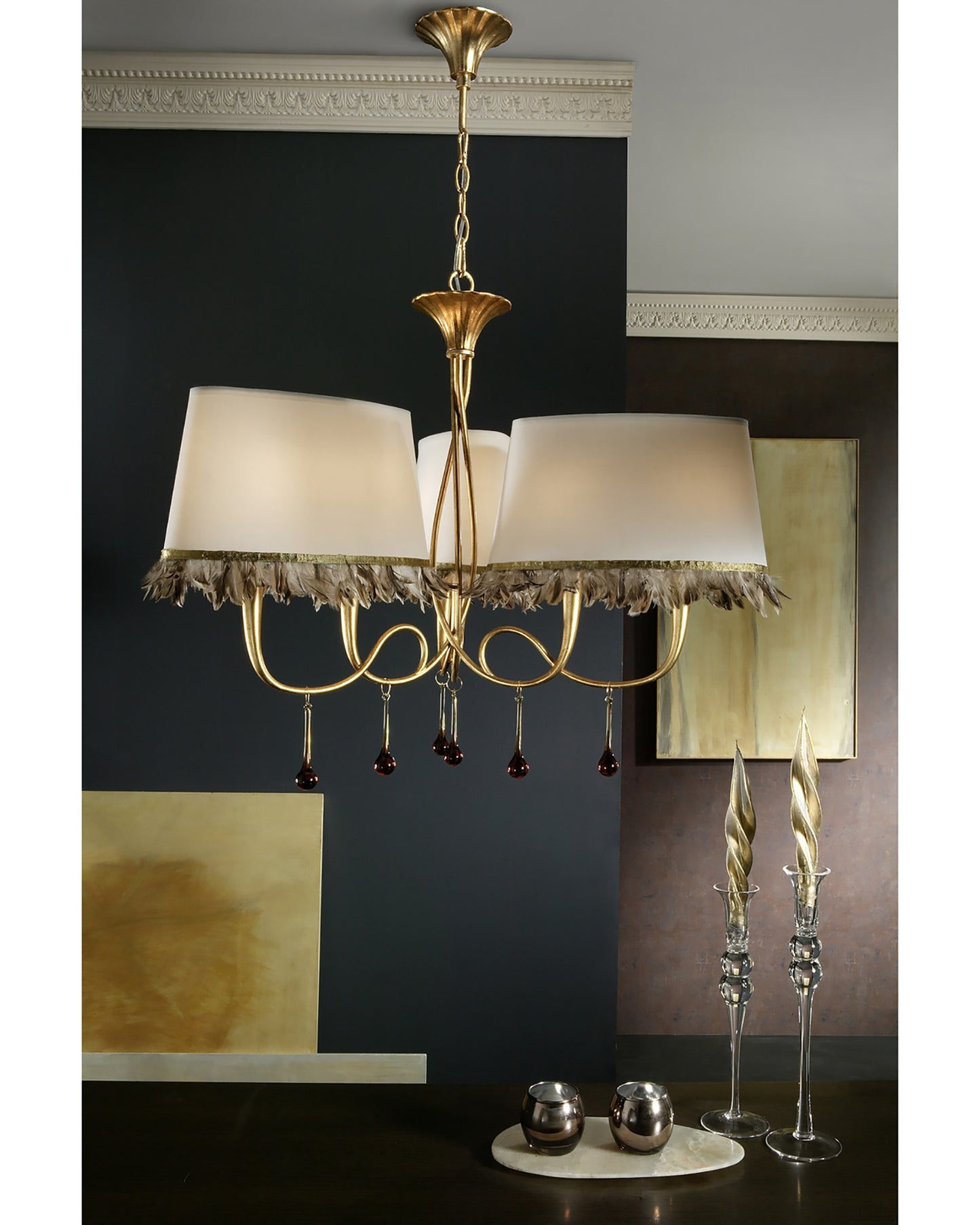 Paola Wall Lamp 1 Light E14, Gold Painted With Black Shade & Amber Glass Droplets by Mantra