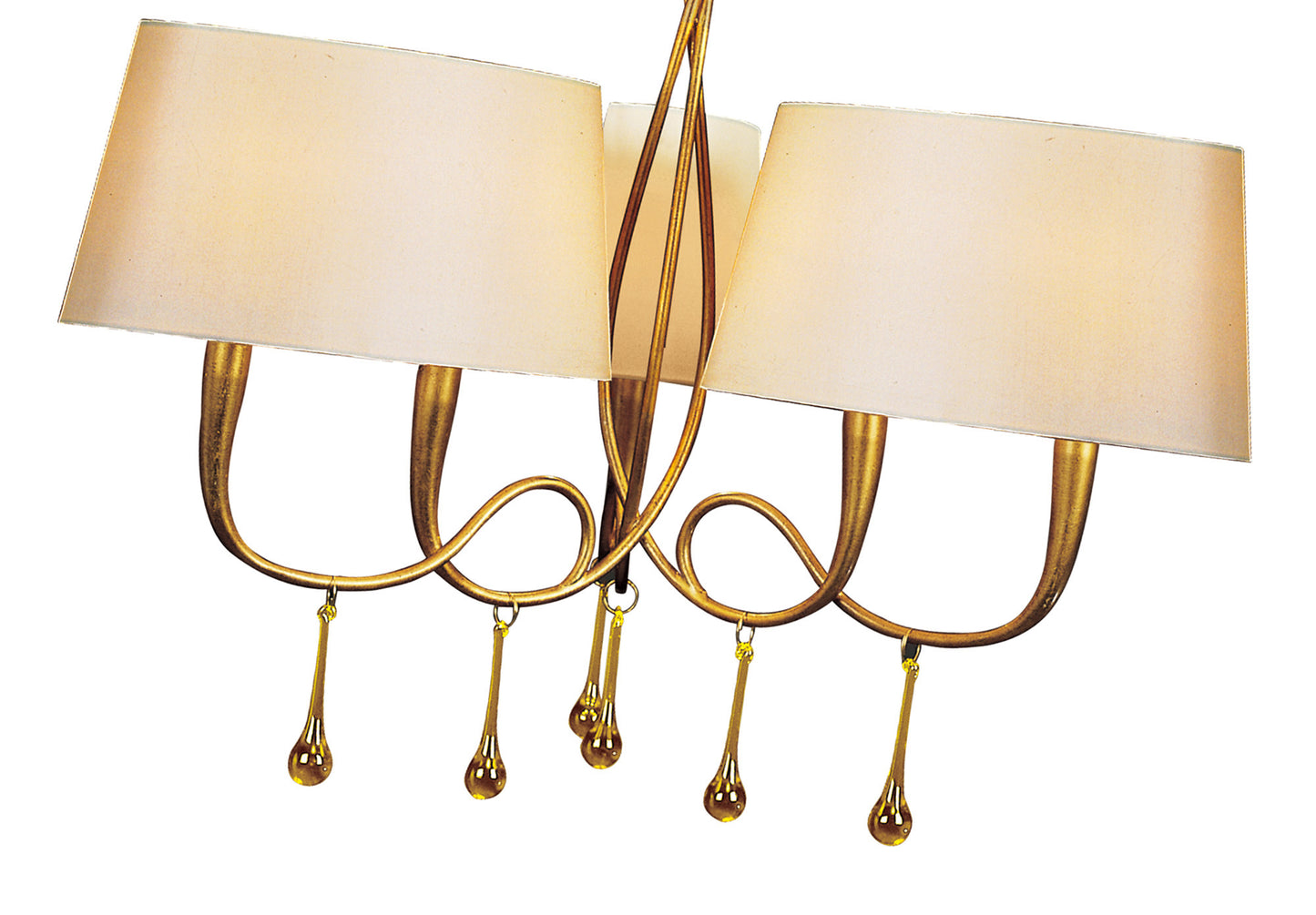 Paola Pendant 3 Arm 6 Light E14, Gold Painted With Cream Shades & Amber Glass Droplets (3540) by Mantra