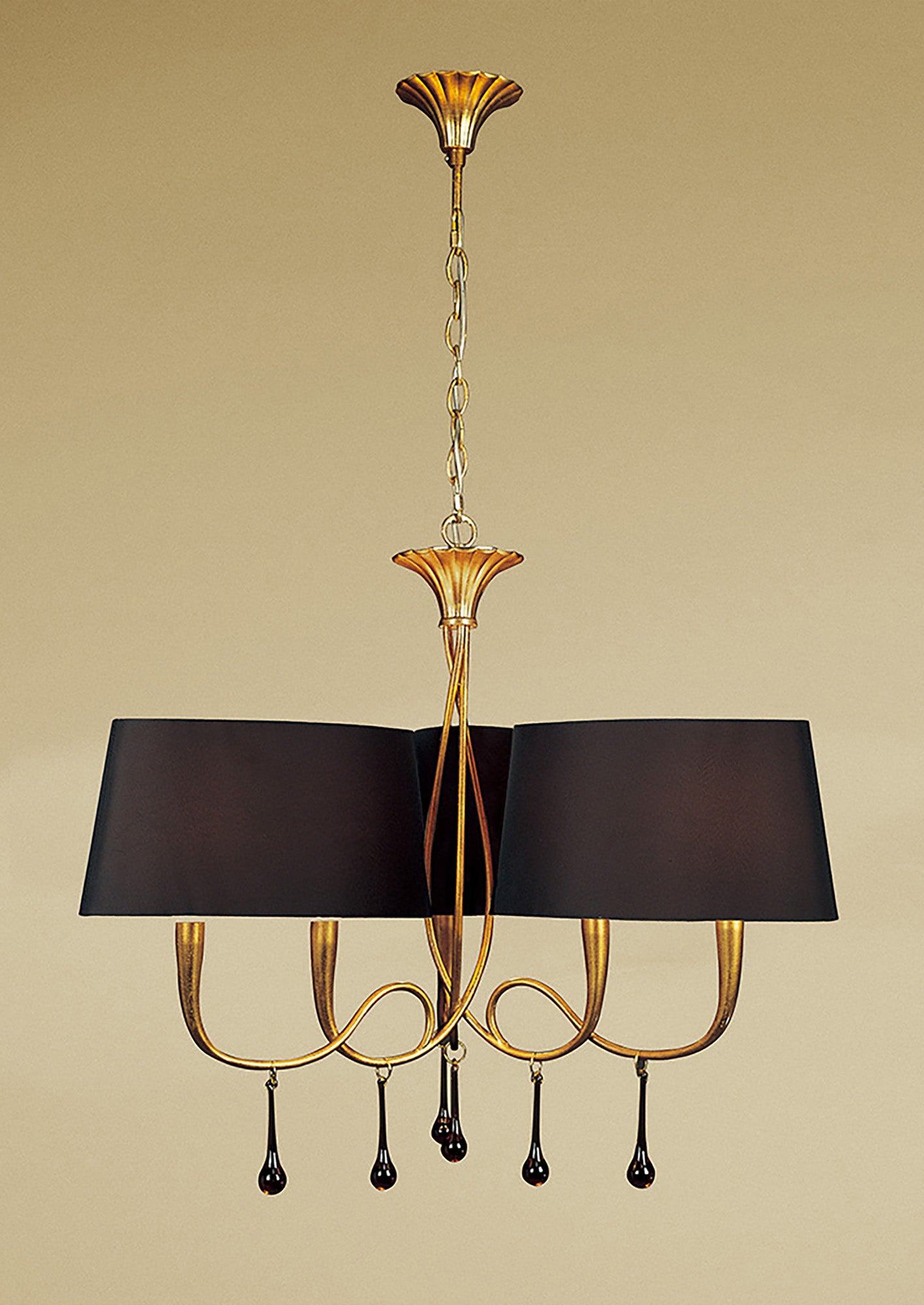 Paola Pendant 3 Arm 6 Light E14, Gold Painted With Black Shades & Amber Glass Droplets by Mantra