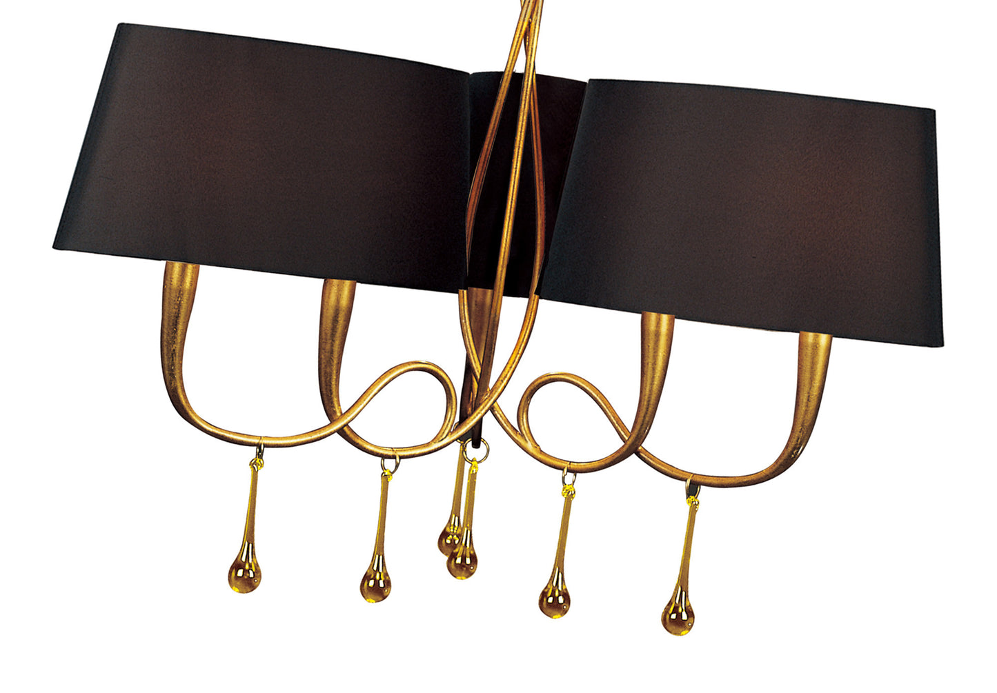 Paola Pendant 3 Arm 6 Light E14, Gold Painted With Black Shades & Amber Glass Droplets by Mantra