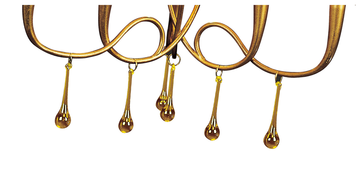 Paola Pendant 3 Arm 6 Light E14, Gold Painted With Black Shades & Amber Glass Droplets by Mantra