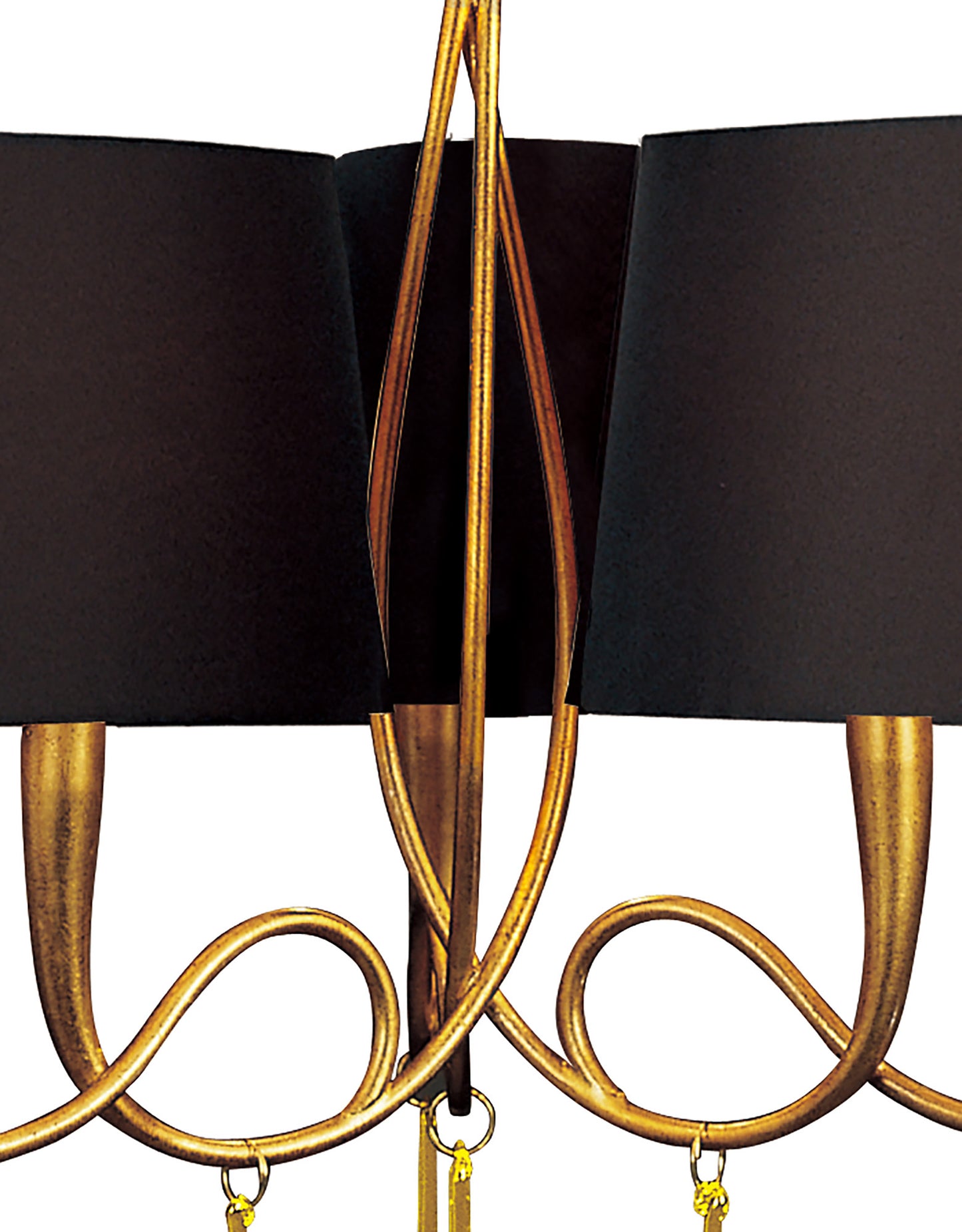 Paola Pendant 3 Arm 6 Light E14, Gold Painted With Black Shades & Amber Glass Droplets by Mantra