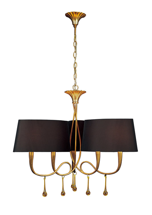 Paola Pendant 3 Arm 6 Light E14, Gold Painted With Black Shades & Amber Glass Droplets by Mantra