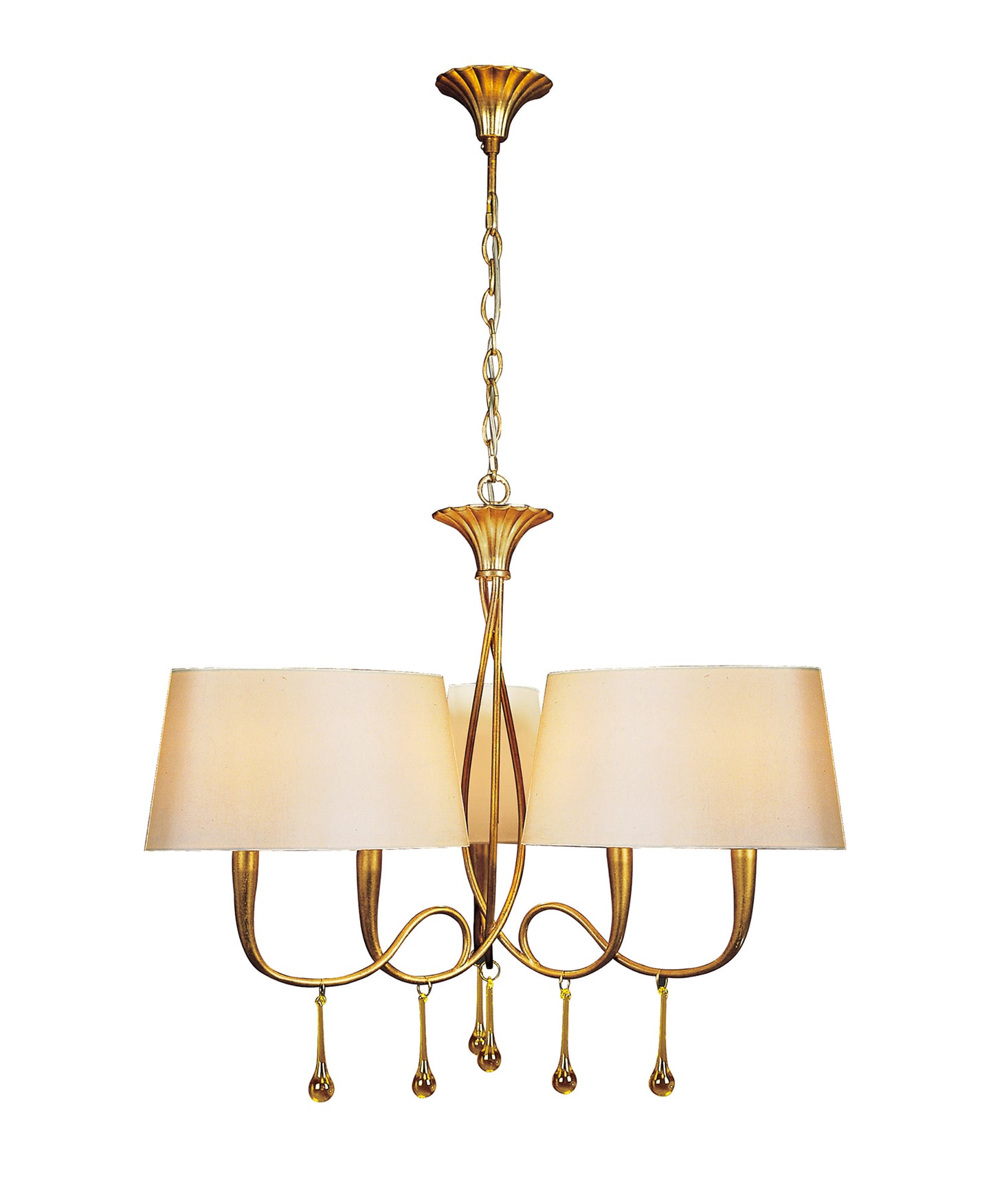 Paola Pendant 3 Arm 6 Light E14, Gold Painted With Cream Shades & Amber Glass Droplets (3540) by Mantra