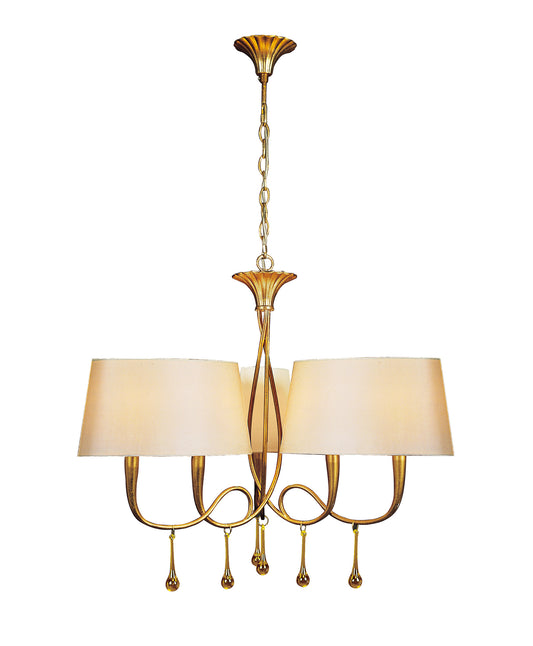 Paola Pendant 3 Arm 6 Light E14, Gold Painted With Cream Shades & Amber Glass Droplets (3540) by Mantra