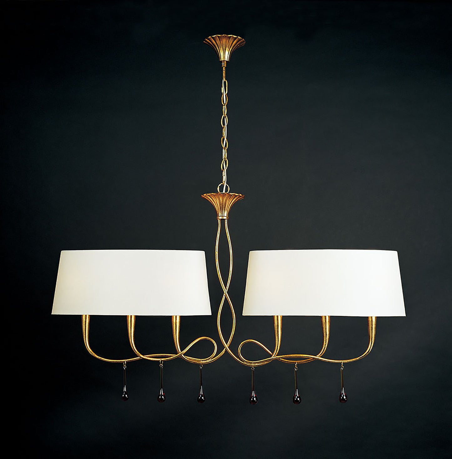 Paola Linear Pendant 2 Arm 6 Light E14, Gold Painted With Cream Shades & Amber Glass Droplets (3541) by Mantra