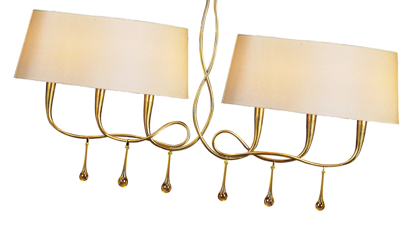 Paola Linear Pendant 2 Arm 6 Light E14, Gold Painted With Cream Shades & Amber Glass Droplets (3541) by Mantra