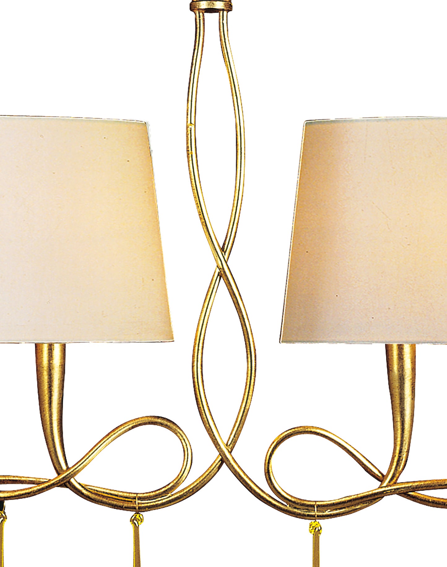 Paola Linear Pendant 2 Arm 6 Light E14, Gold Painted With Cream Shades & Amber Glass Droplets (3541) by Mantra