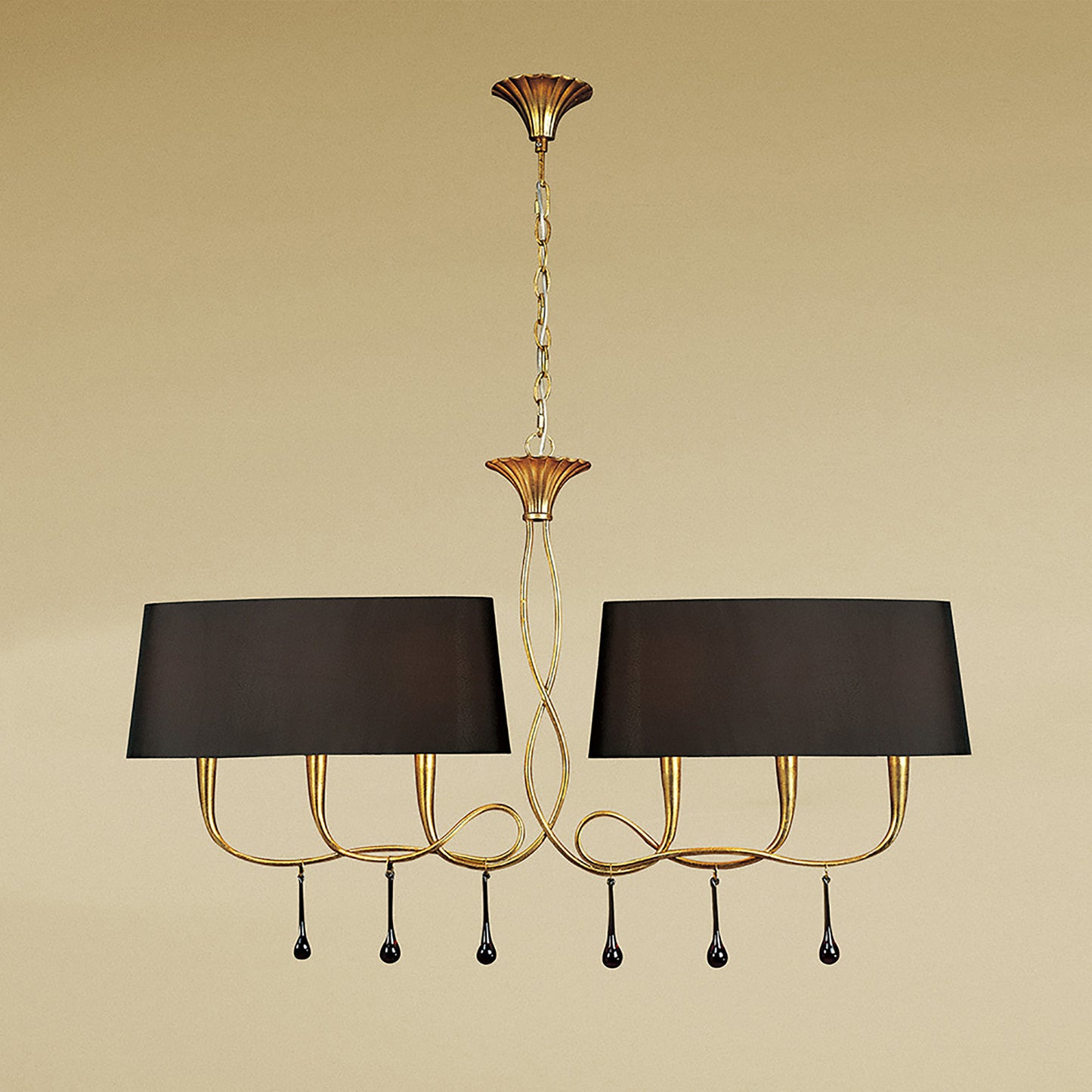 Paola Linear Pendant 2 Arm 6 Light E14, Gold Painted With Black Shades & Amber Glass Droplets by Mantra