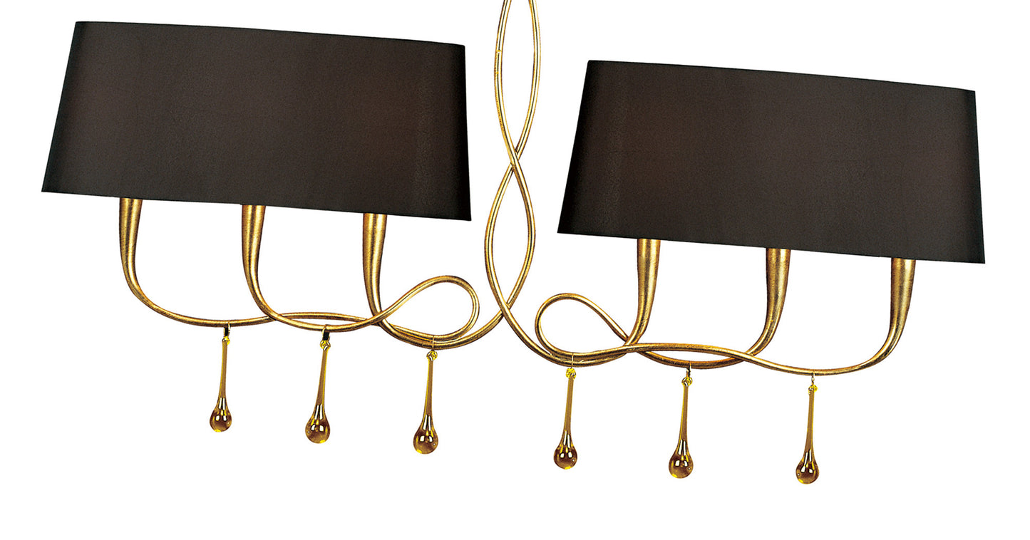 Paola Linear Pendant 2 Arm 6 Light E14, Gold Painted With Black Shades & Amber Glass Droplets by Mantra