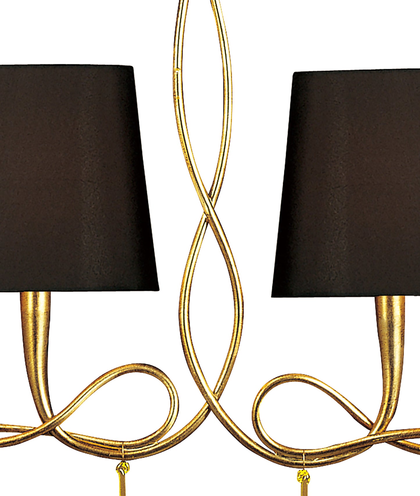 Paola Linear Pendant 2 Arm 6 Light E14, Gold Painted With Black Shades & Amber Glass Droplets by Mantra