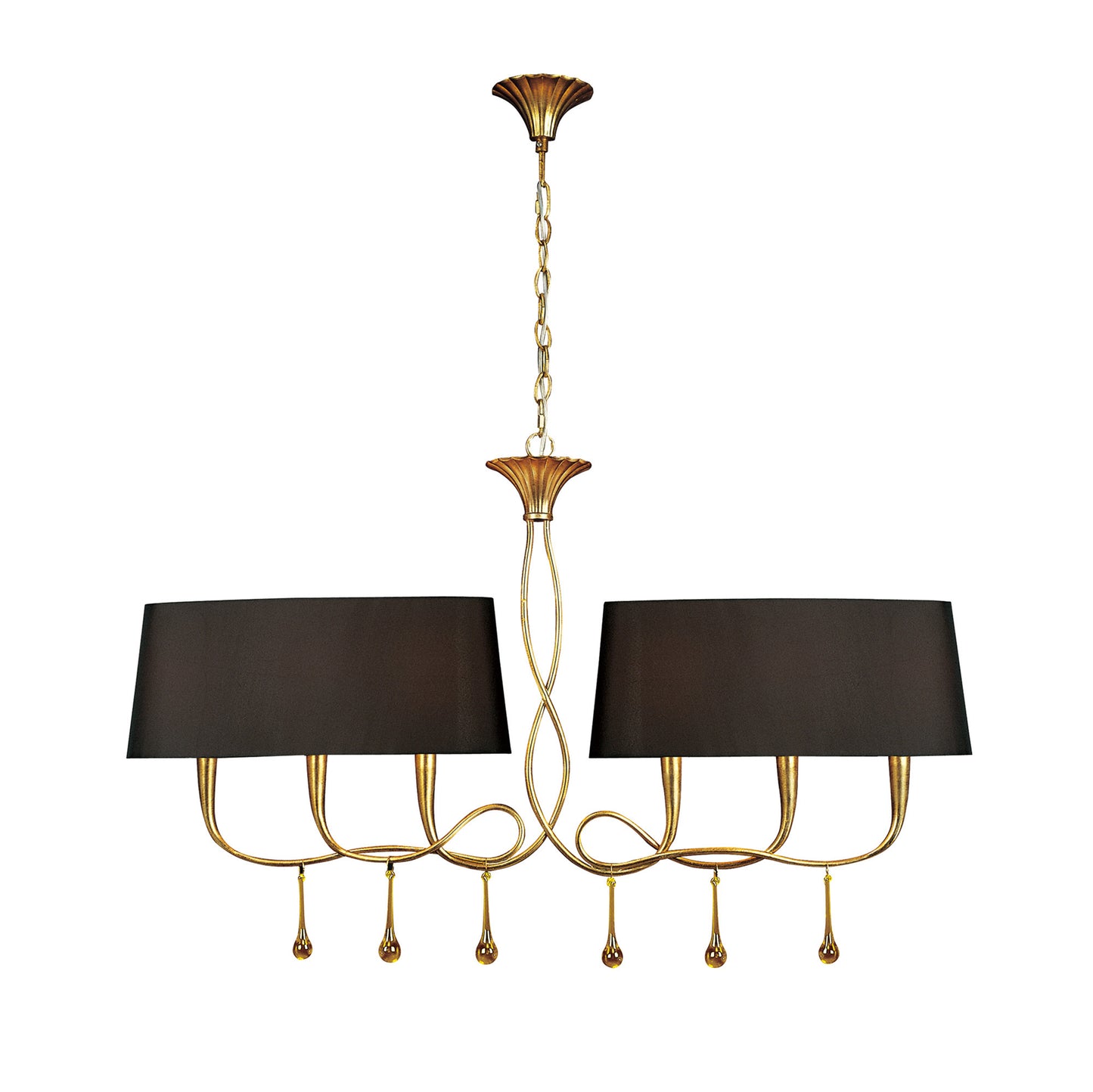 Paola Linear Pendant 2 Arm 6 Light E14, Gold Painted With Black Shades & Amber Glass Droplets by Mantra