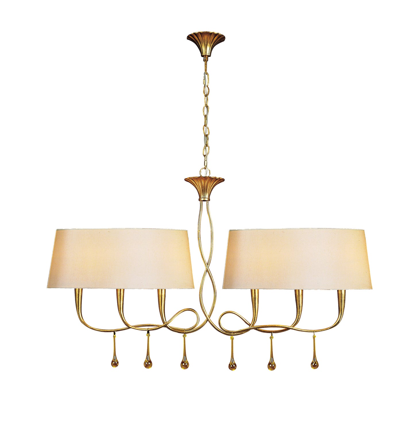 Paola Linear Pendant 2 Arm 6 Light E14, Gold Painted With Cream Shades & Amber Glass Droplets (3541) by Mantra